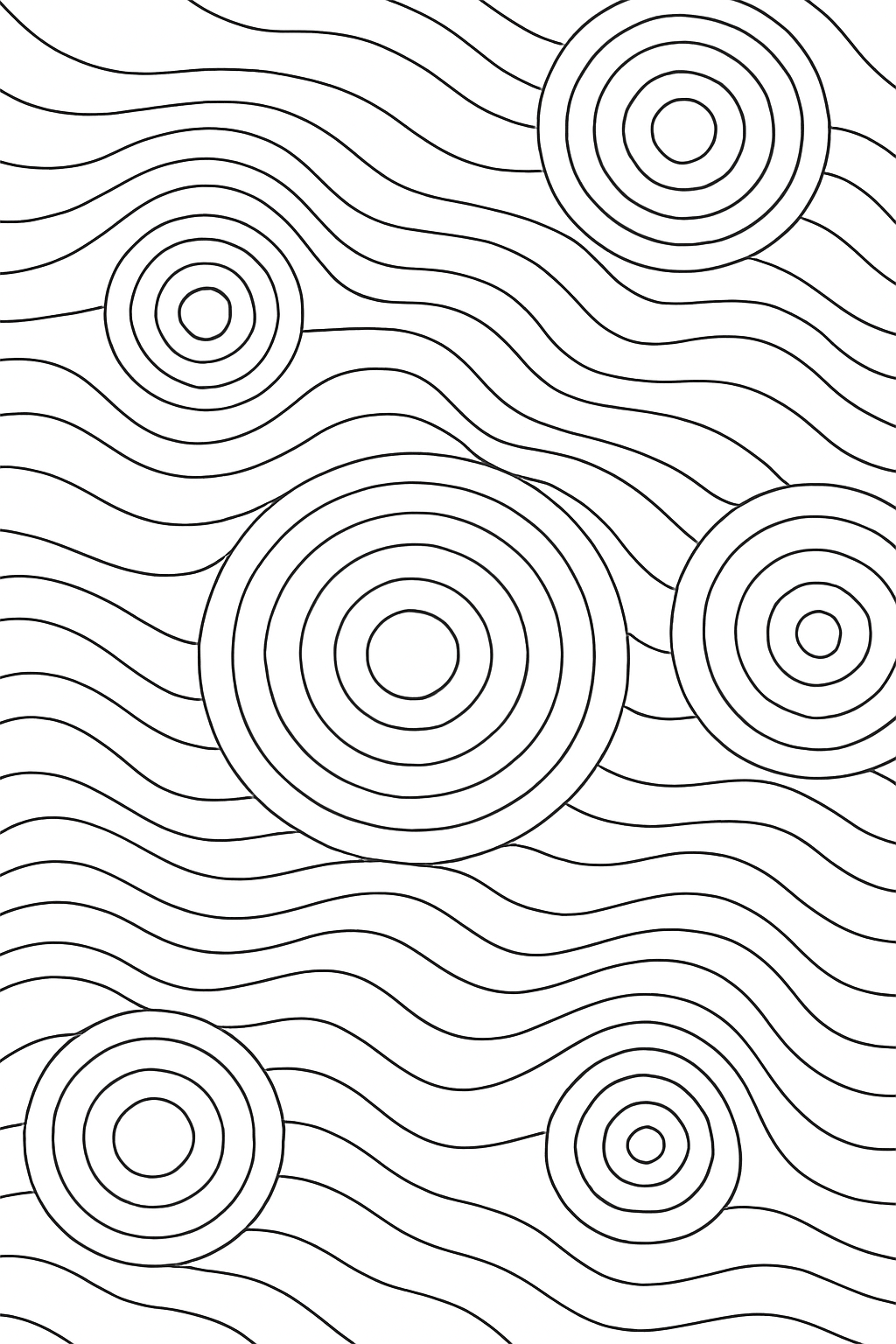 Elegant abstract circle waves coloring page featuring fluid circular patterns and clean lines for artistic relaxation.