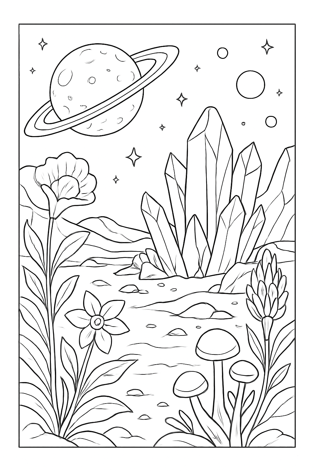 A detailed alien exoplanet landscape featuring strange rock formations for an alien exoplanet coloring page.