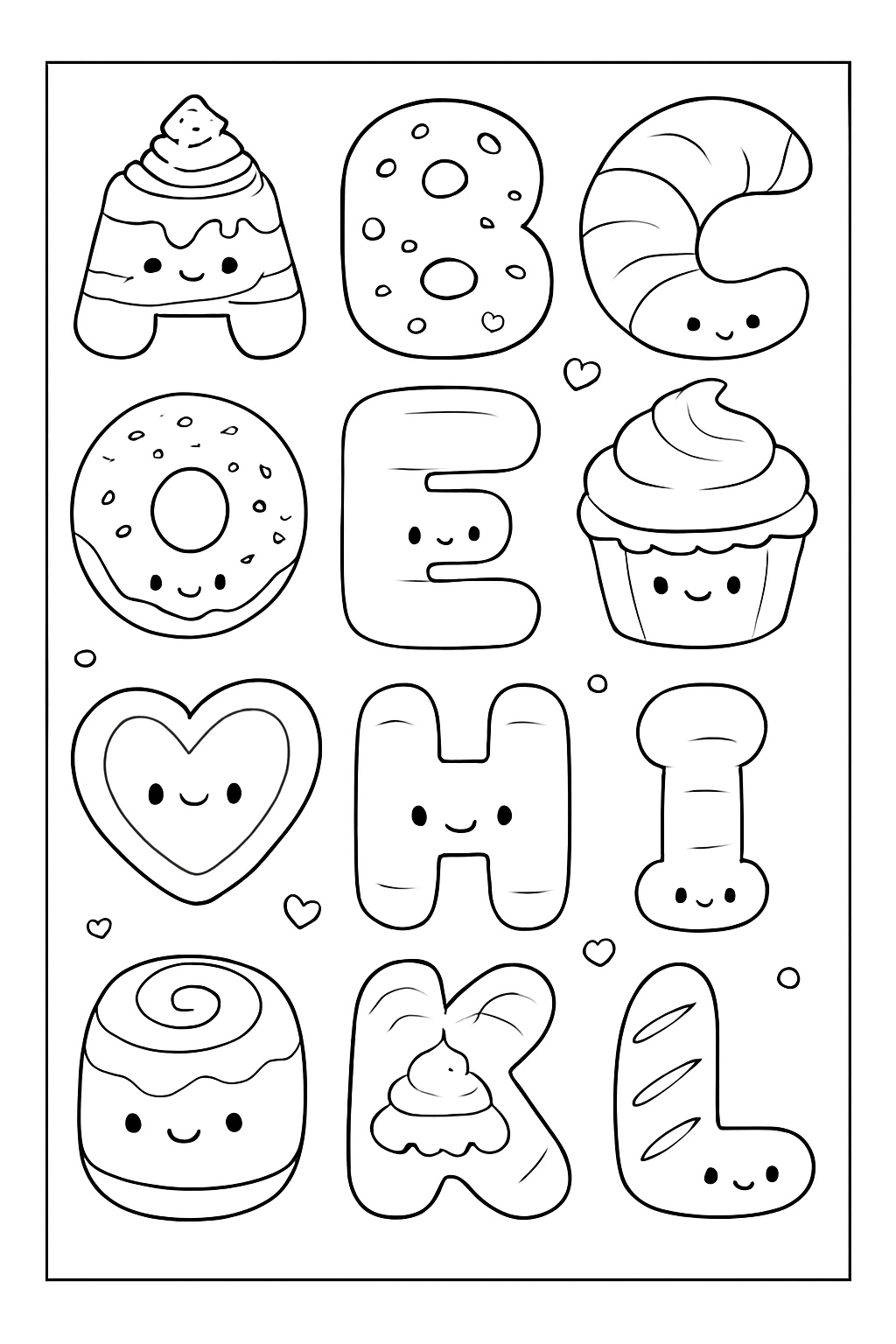 Cute letter-shaped pastries on an alphabet bakery coloring page for kids