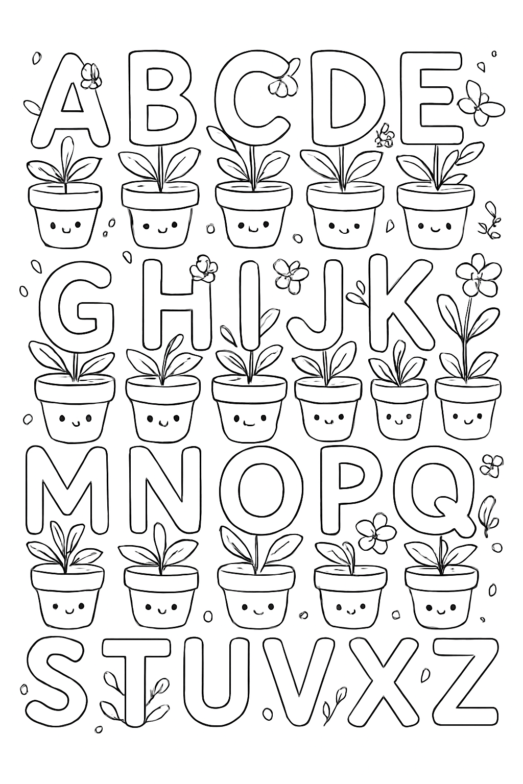 Cute letters A-Z in a magical garden setting on an alphabet garden coloring page.