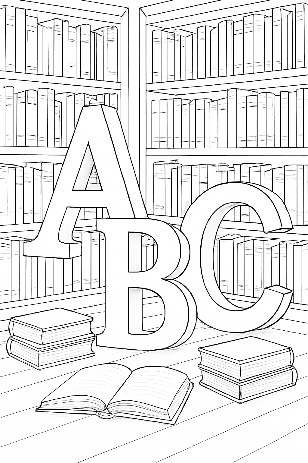 Detailed alphabet library coloring page featuring giant 3D letters on wooden shelves.