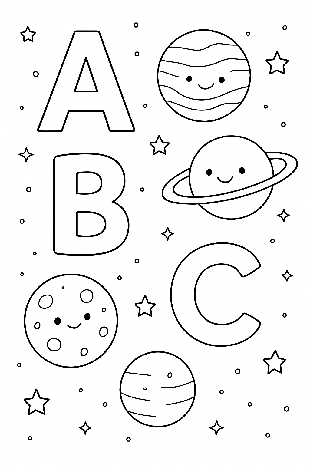 Detailed alphabet space adventure coloring page featuring letters among planets and stars.