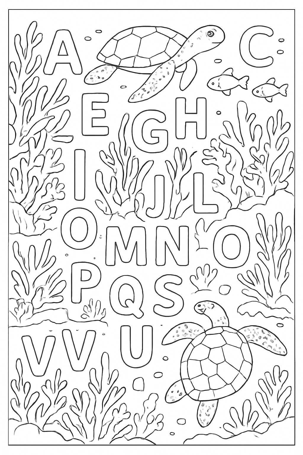 Detailed alphabet underwater coloring page featuring letters hidden among friendly sea creatures.