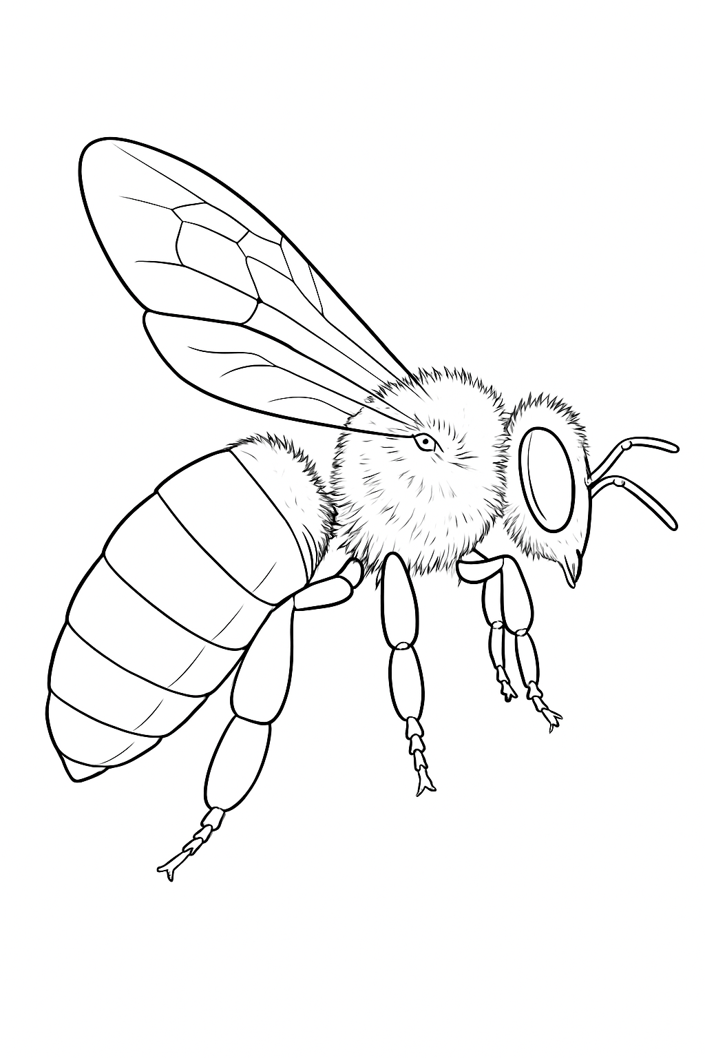 Detailed honey bee anatomy coloring page for students showing wings, legs, and antennae.