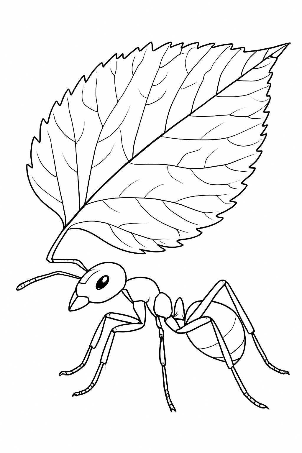 A detailed ant coloring page featuring a lifelike ant carrying a large leaf in a garden setting.