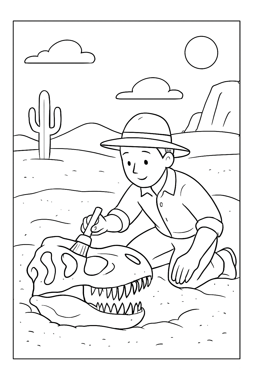 A detailed dinosaur excavation coloring page showing a scientist brushing off a large buried dinosaur skull.