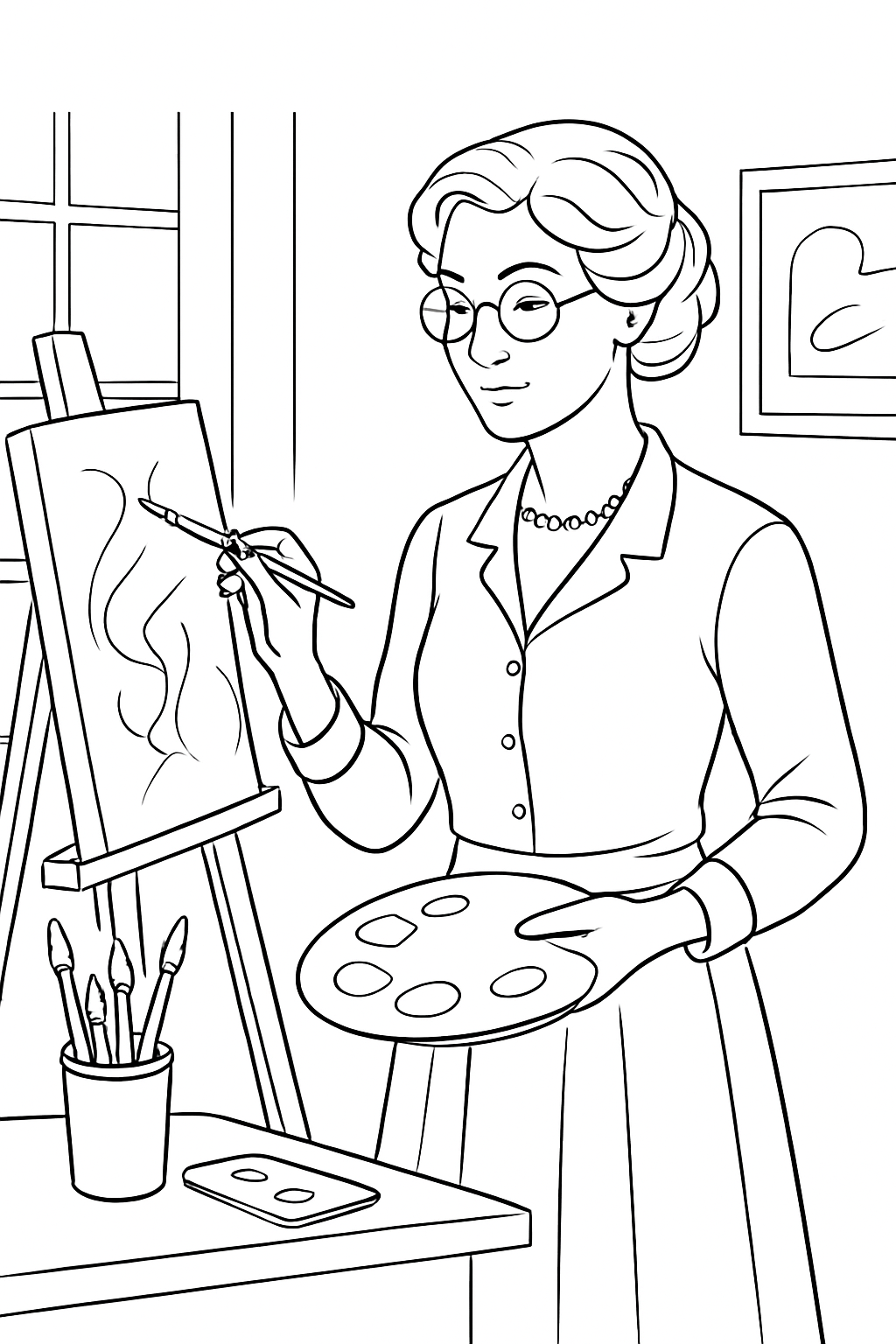 Sophisticated art teacher coloring page with detailed studio supplies and an easel.