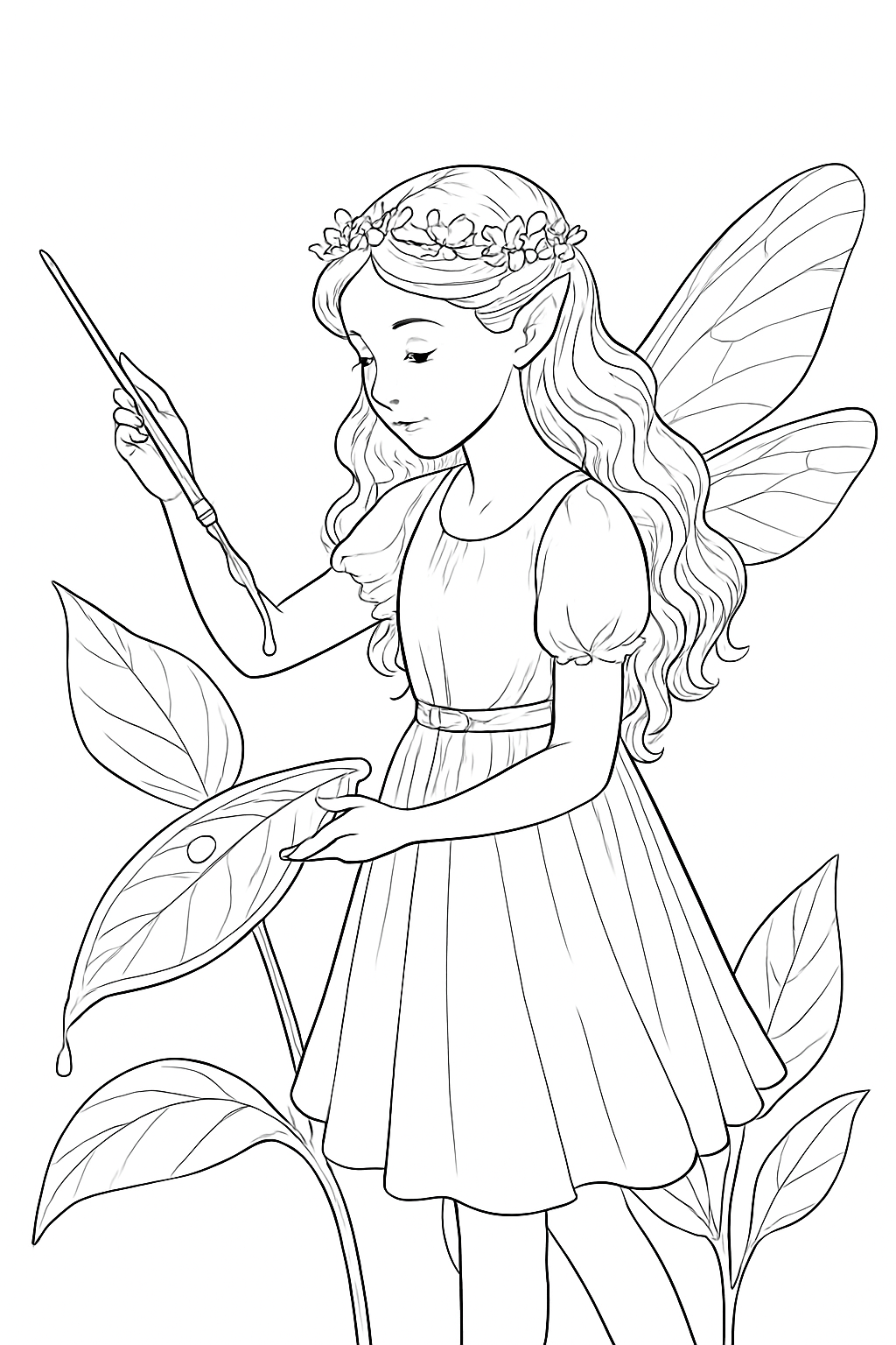 A detailed artist fairy coloring page featuring a tiny fairy painting a dewdrop on a leaf.
