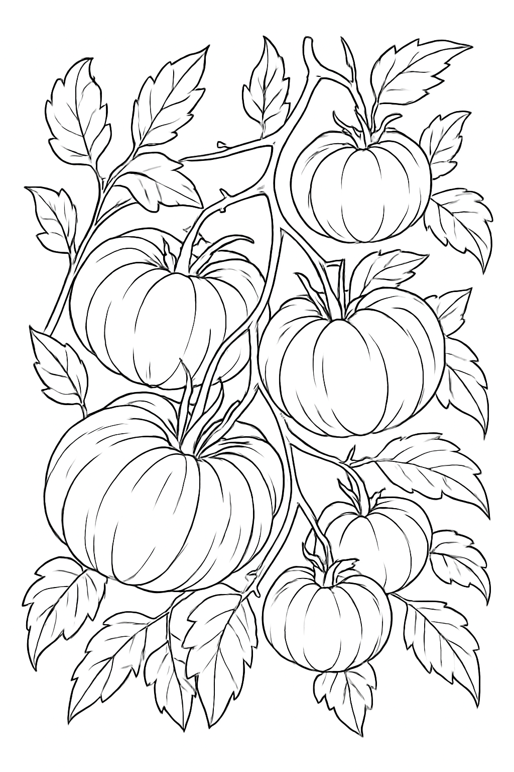 Detailed heirloom tomato coloring page with vine and leaves