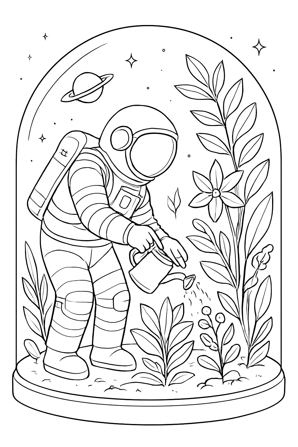 Intricate astronaut garden coloring page featuring floating plants in a glass dome.
