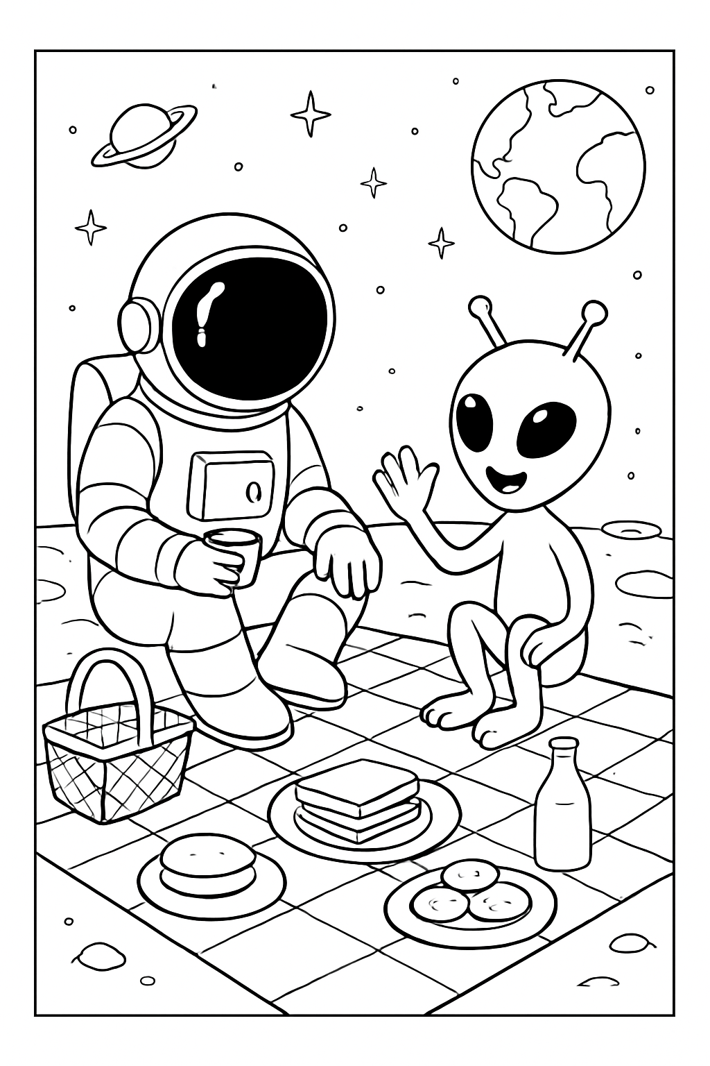 A cartoon astronaut sharing a space-snack with a cute alien on a cratered moon coloring page.