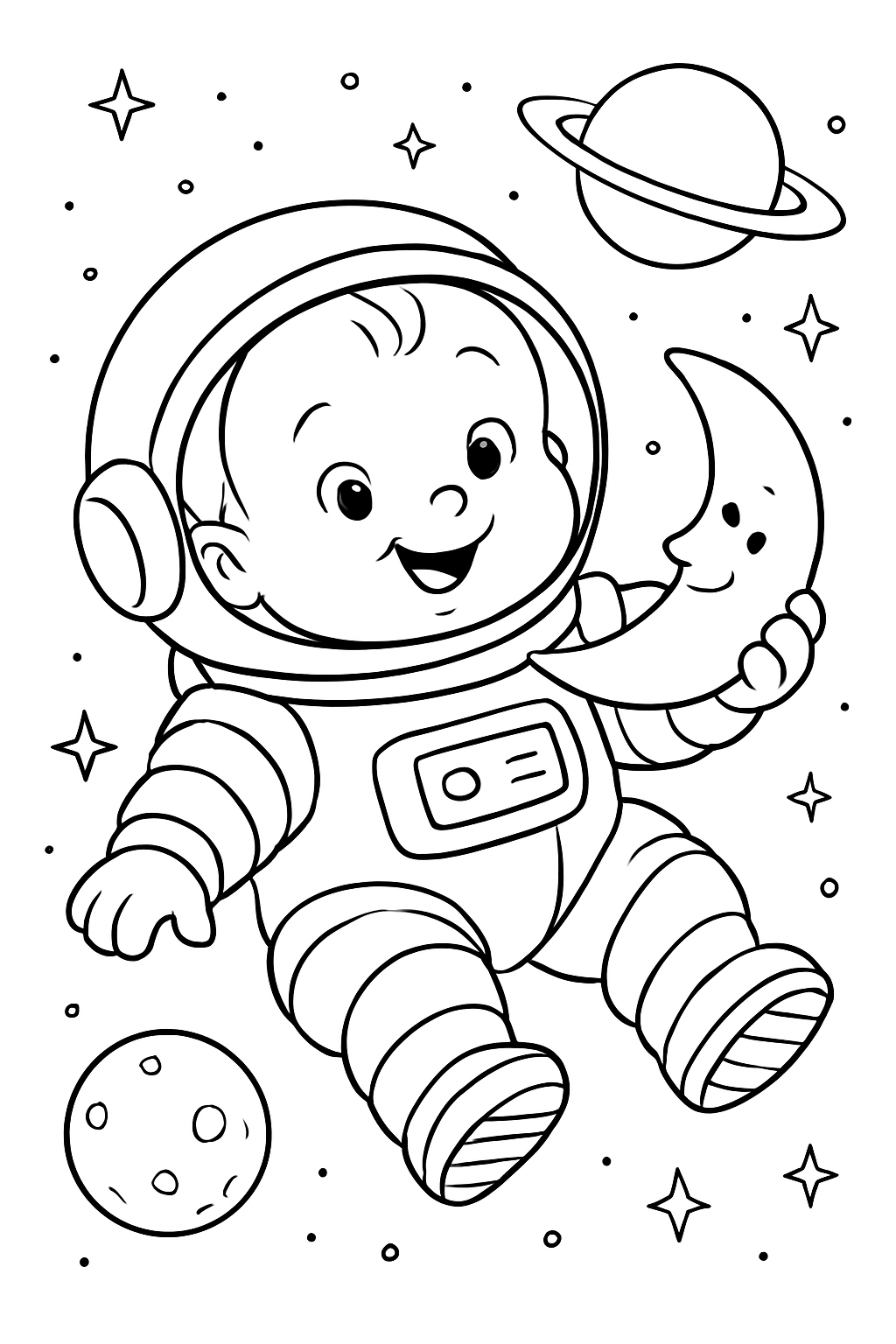 A cute baby astronaut floating among stars on a printable coloring page.