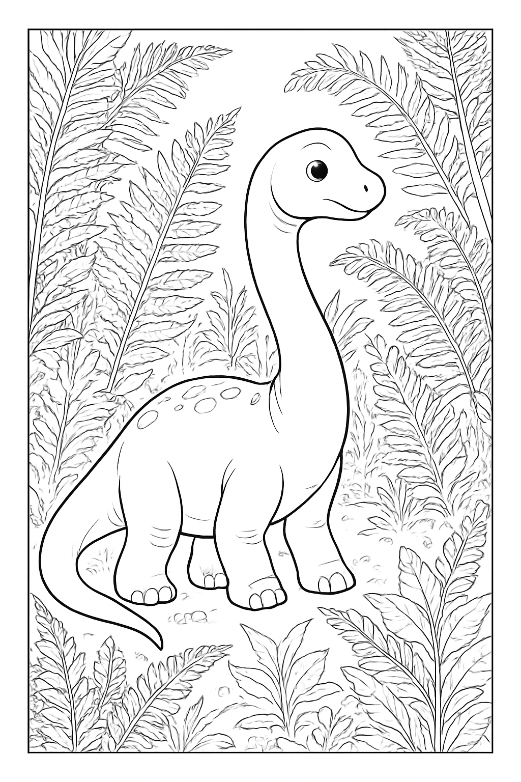 A detailed baby brachiosaurus surrounded by lush ferns on a high-quality baby brachiosaurus coloring page.