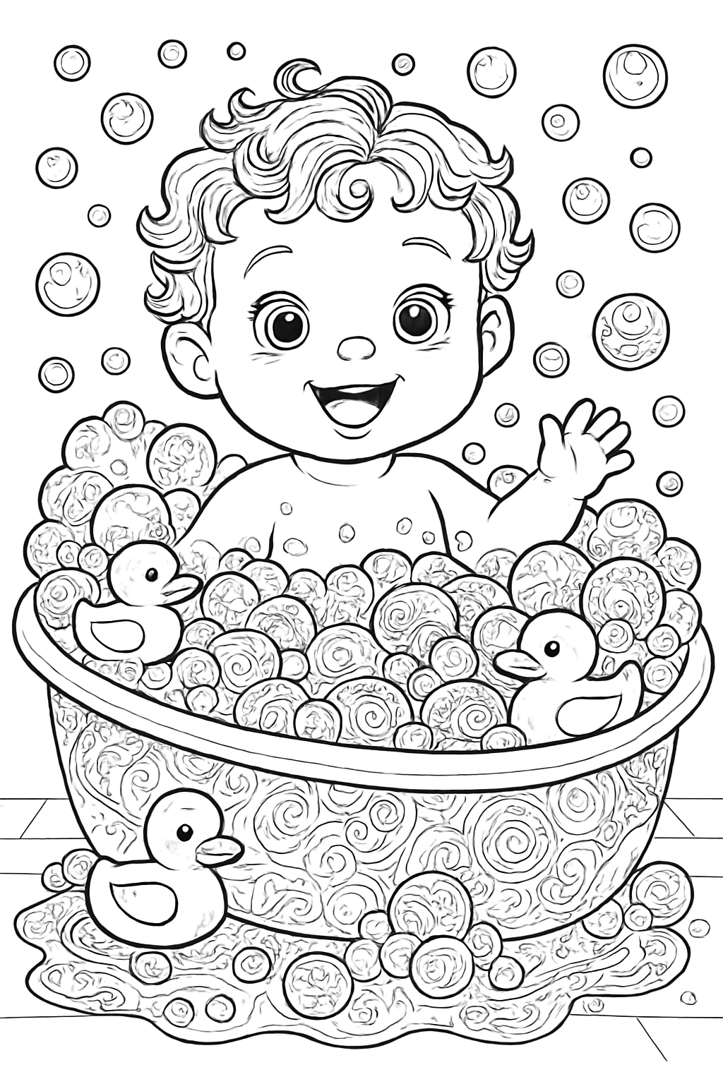 A highly detailed baby in bubble bath coloring page with floating toys and intricate soap suds for artistic shading.
