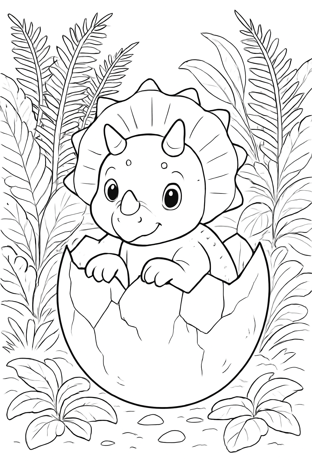 A cute triceratops hatchling in a fern-filled garden on a printable baby dinosaur coloring page.