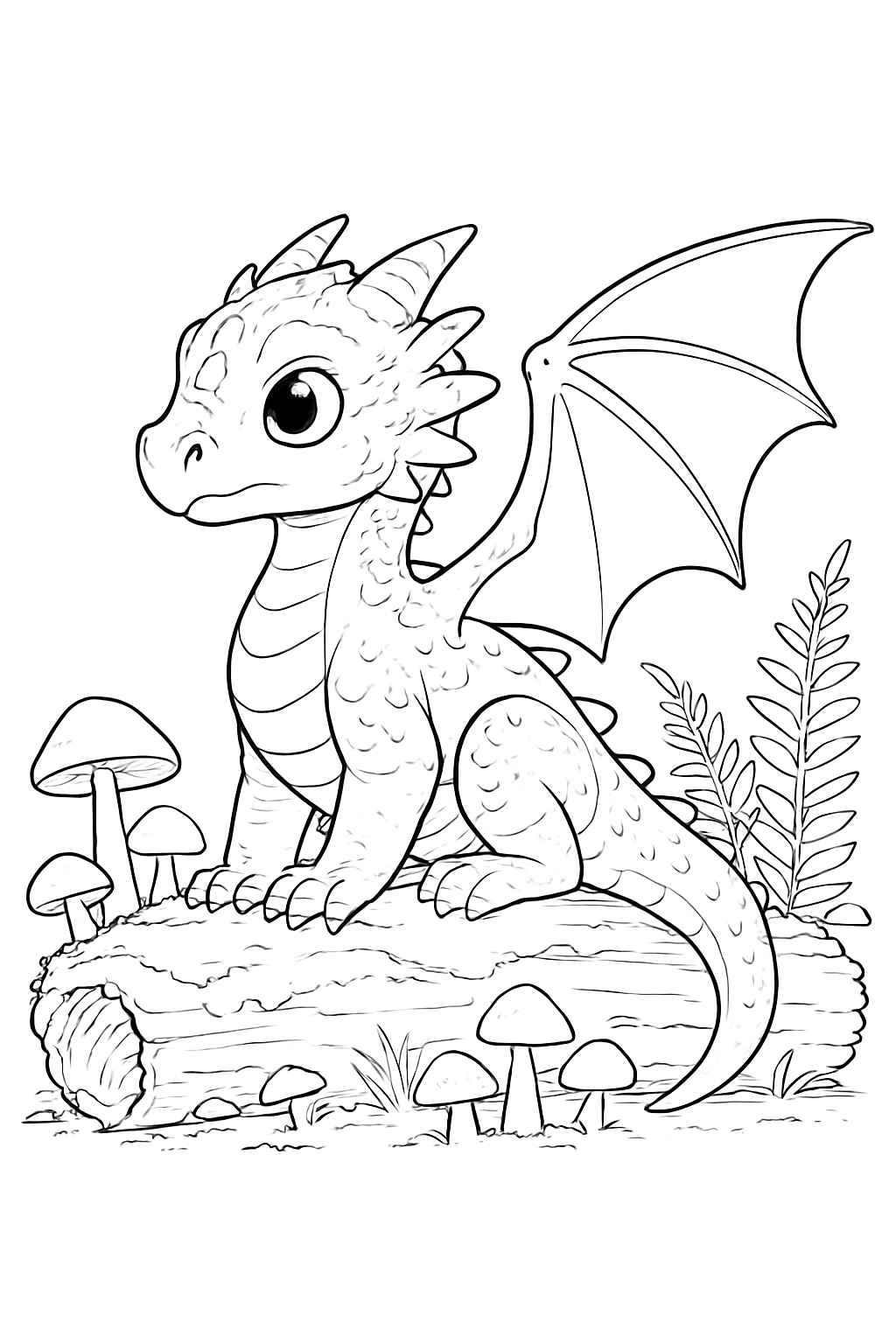 A realistic baby dragon sitting on a log in a detailed forest scene on a baby dragon coloring page.