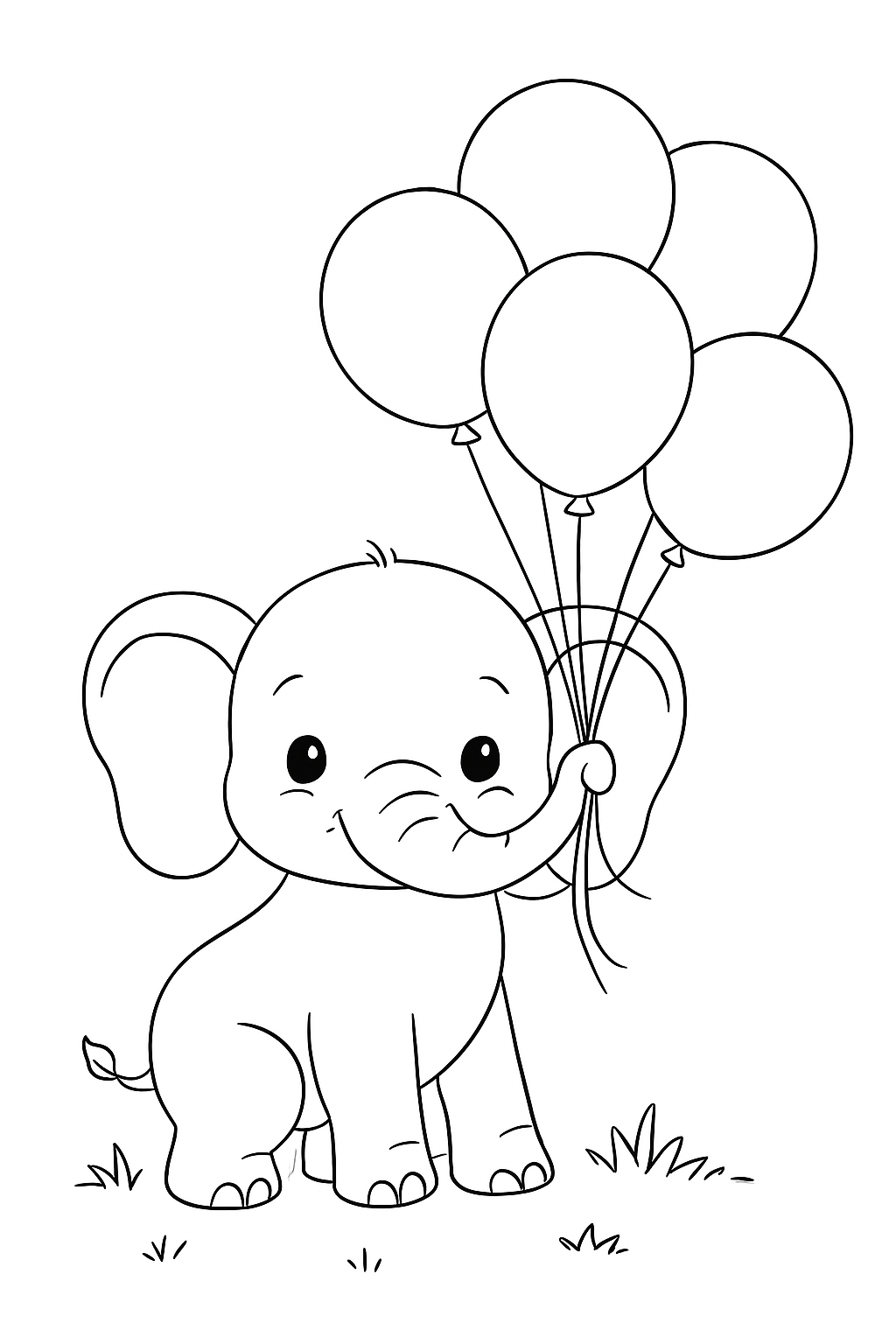 A happy baby elephant holding balloons in this easy to color baby elephant coloring page.
