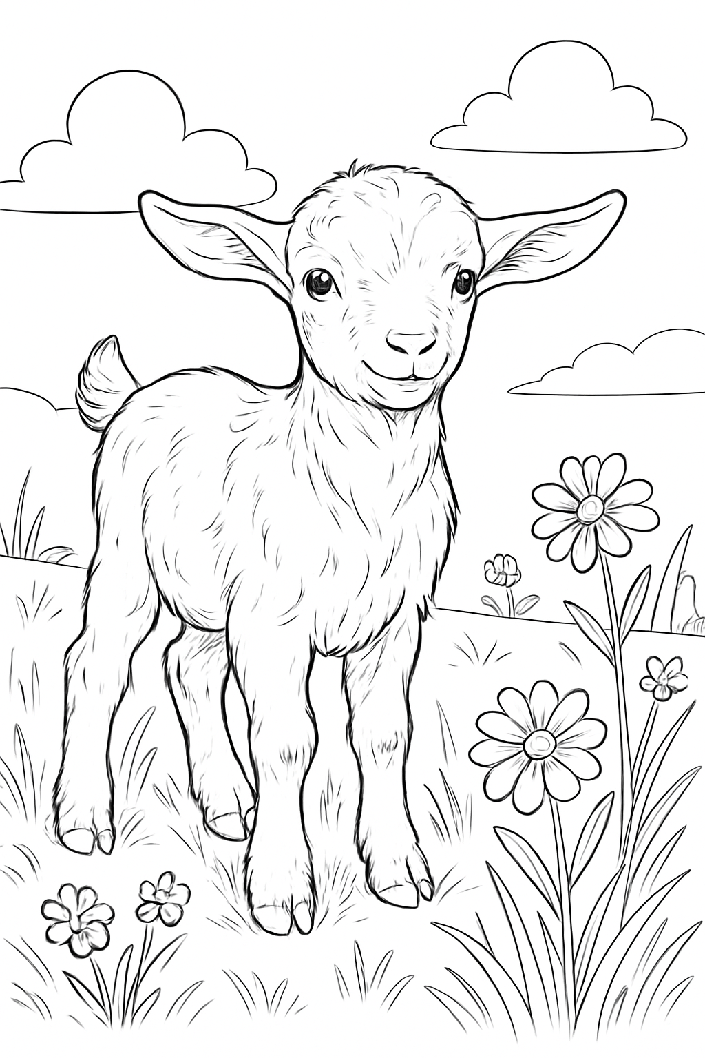 A realistic baby goat in a floral meadow for a baby goat coloring page.