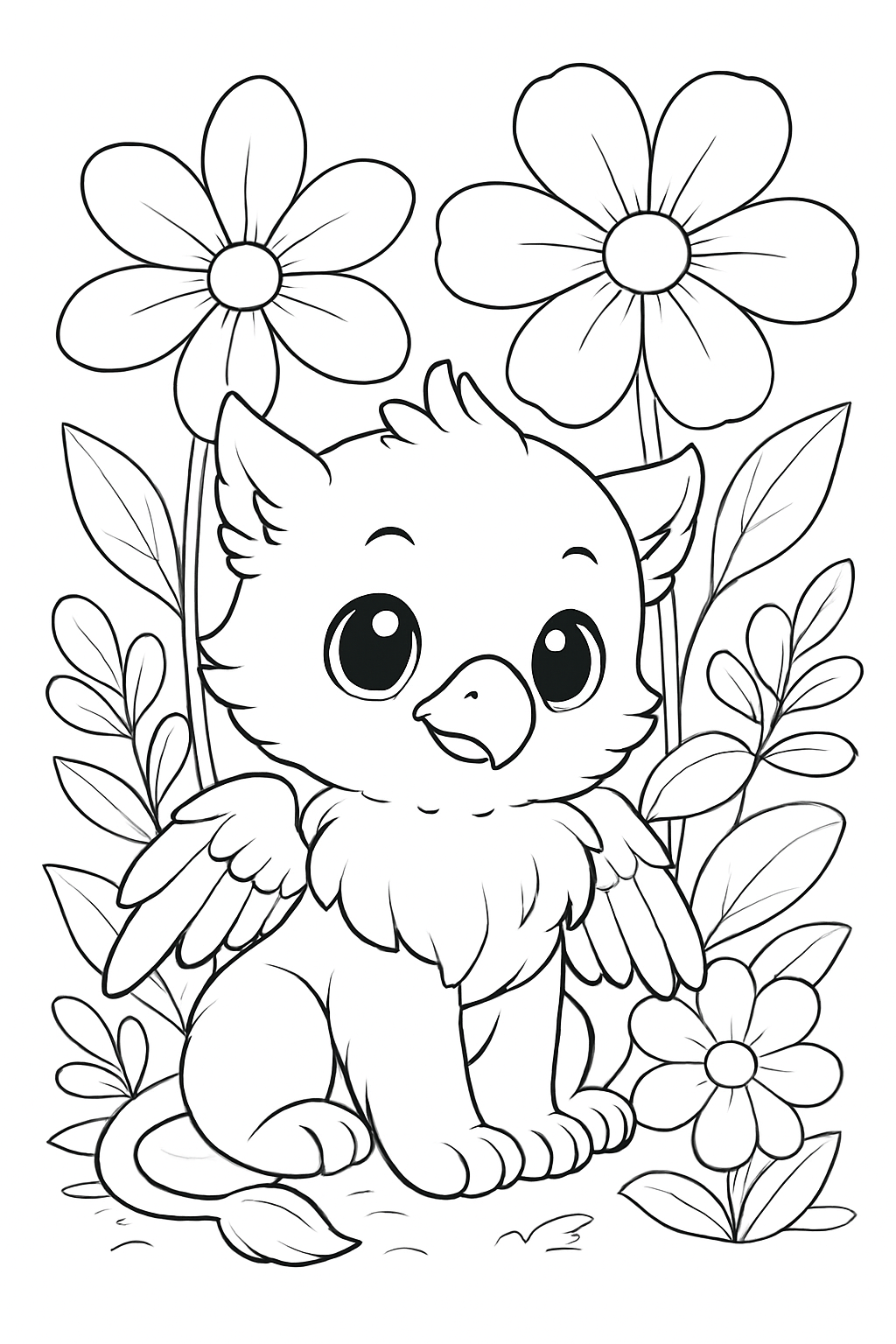 A cute baby griffin sitting among magical flowers in this printable baby griffin coloring page.