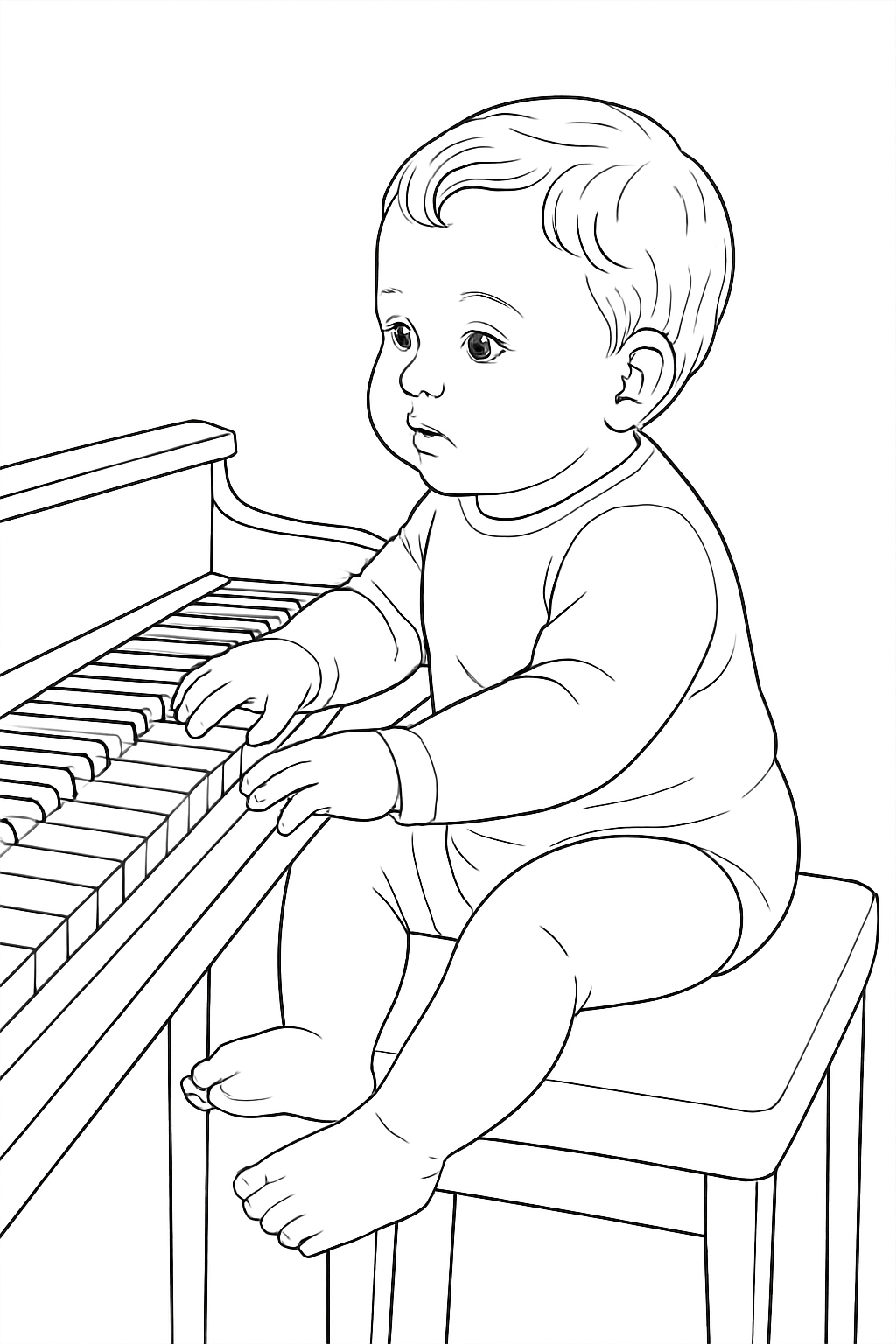A cute baby sitting at a grand piano in this detailed baby playing piano coloring page.