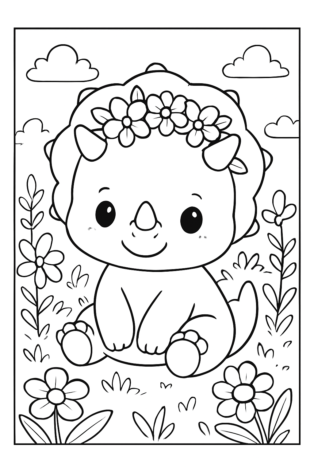 A cute baby triceratops wearing a flower crown in a beautiful garden, perfect for a baby triceratops coloring page.