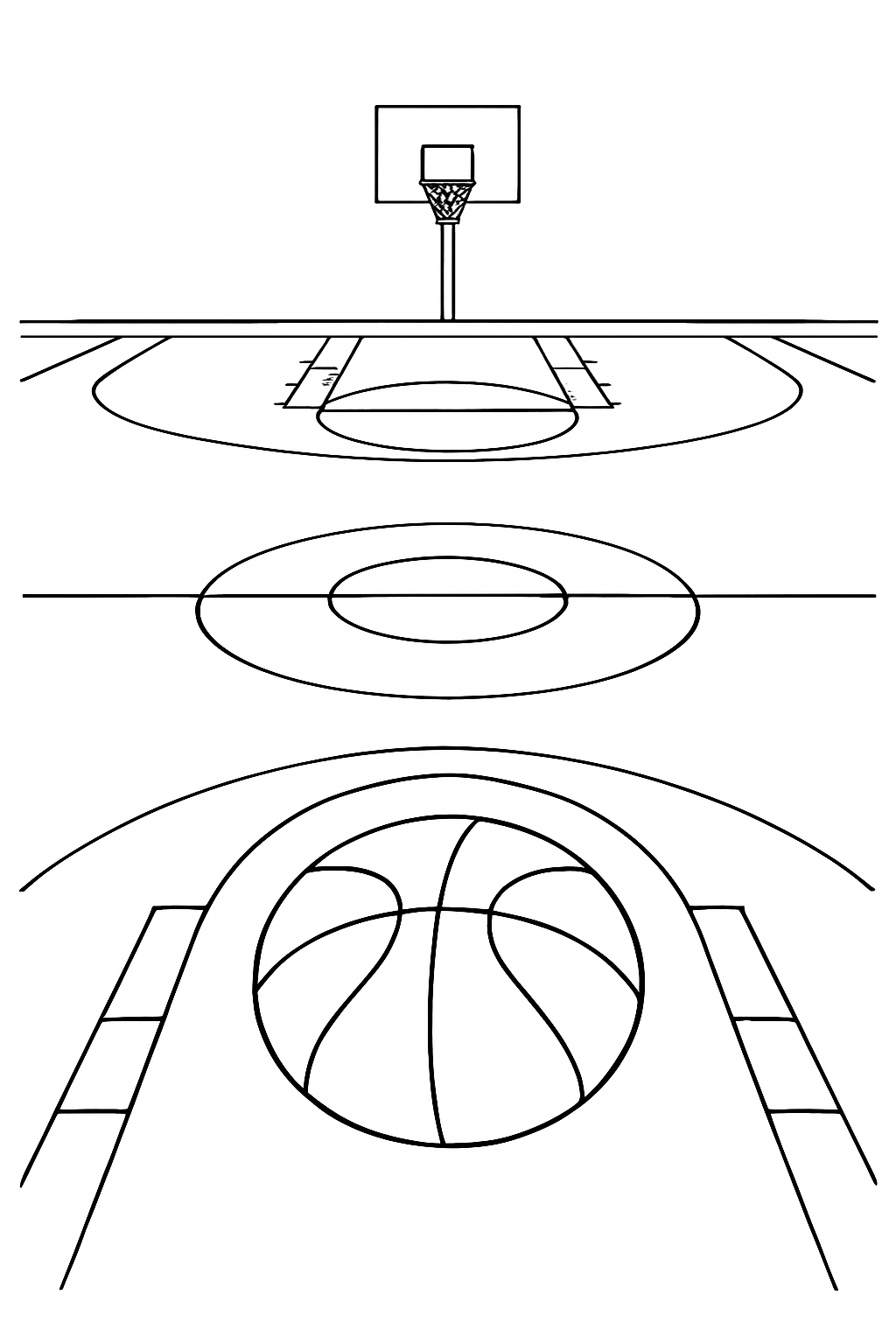 A detailed basketball court coloring page featuring clean lines and a center court logo.