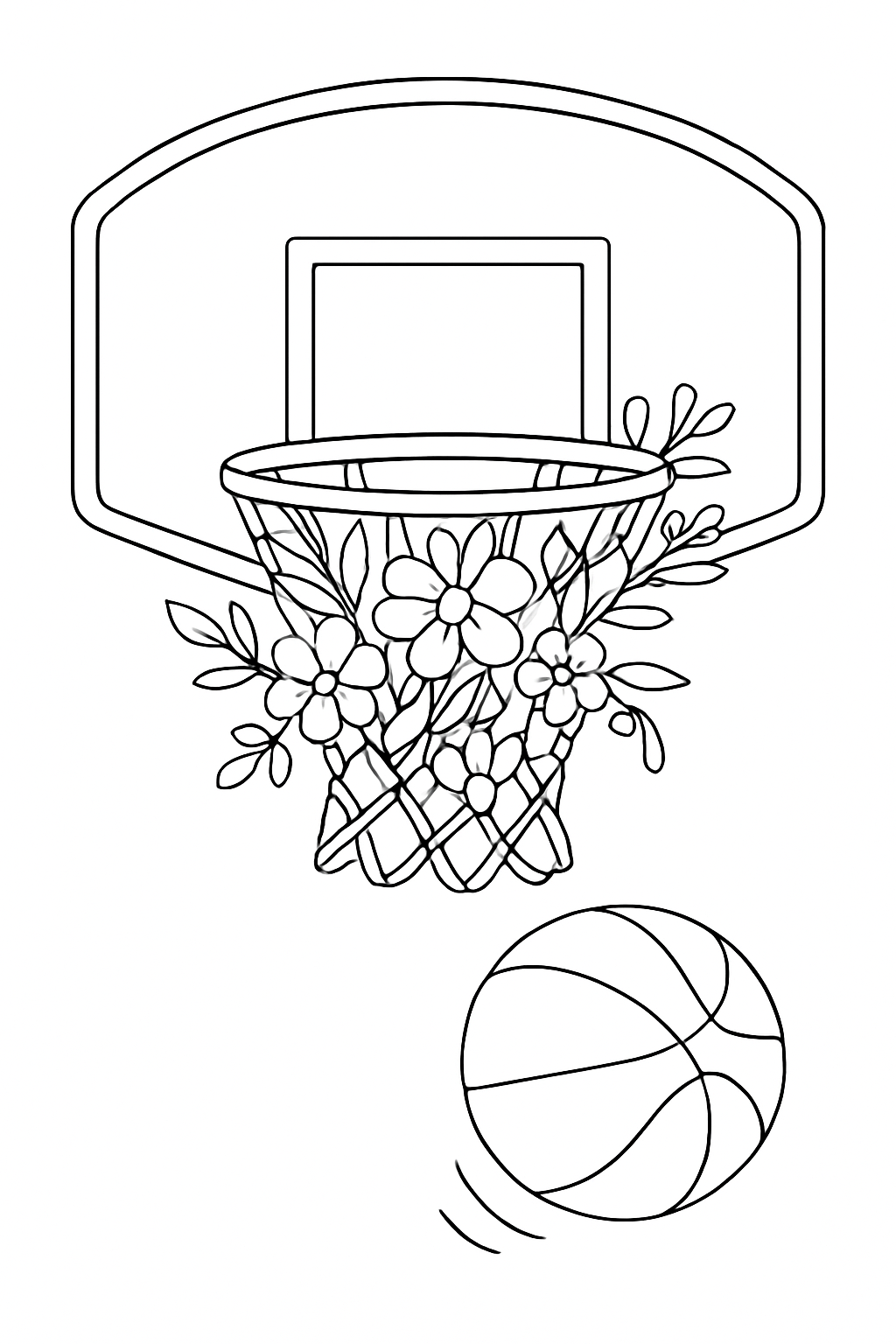 A decorative basketball hoop coloring page with a swishing net and floating ball for artistic fun.