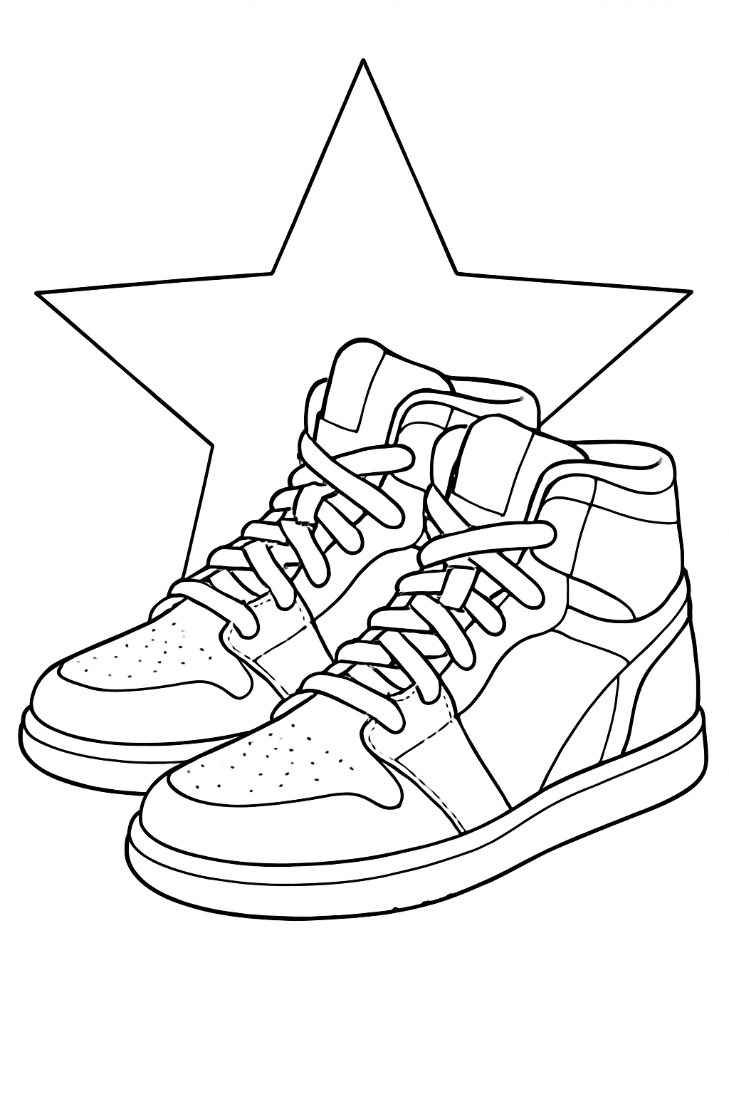 A pair of high-top basketball sneakers with thick outlines on a basketball sneakers coloring page.