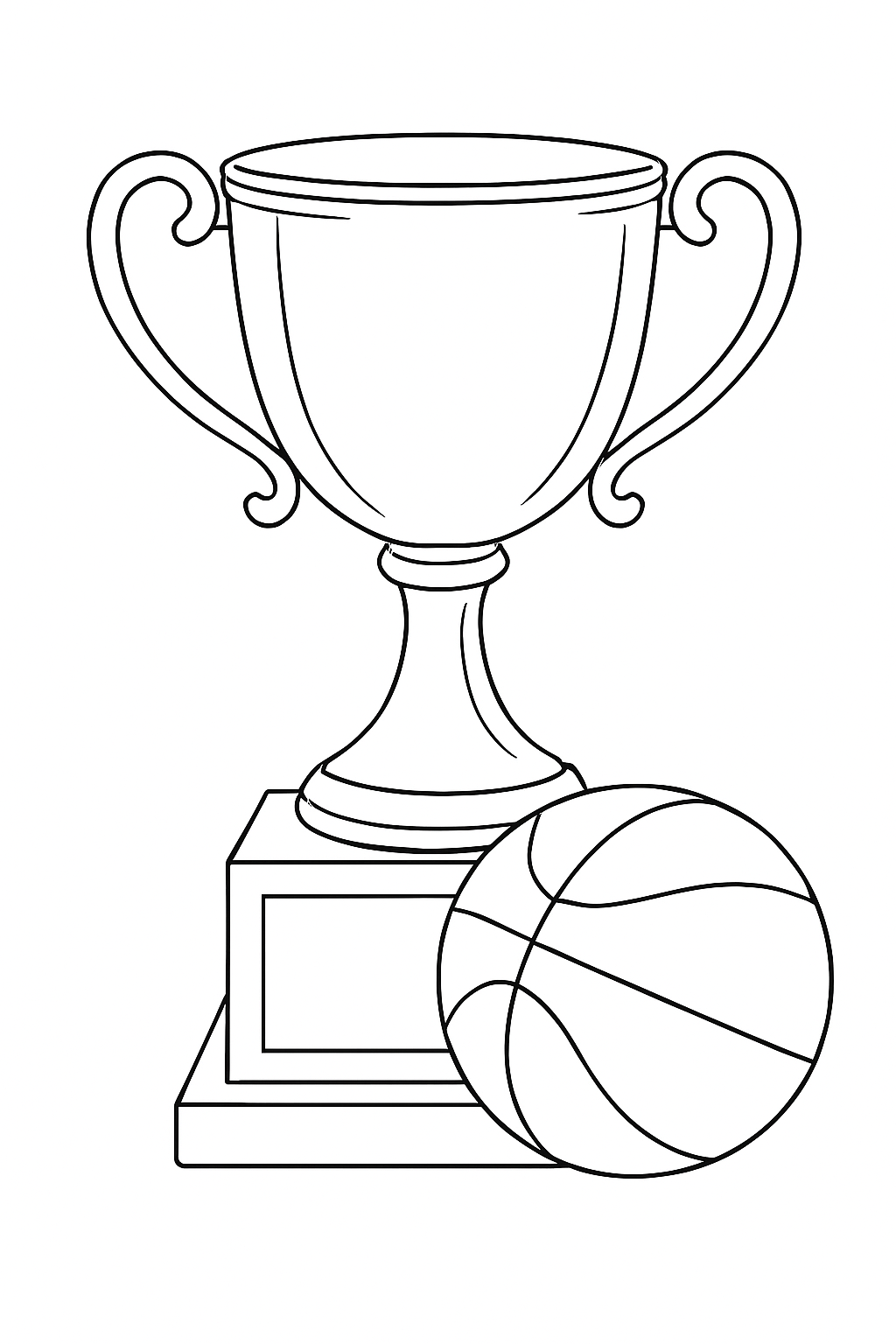 A detailed basketball trophy coloring page featuring a shiny award sitting on a sports pedestal.