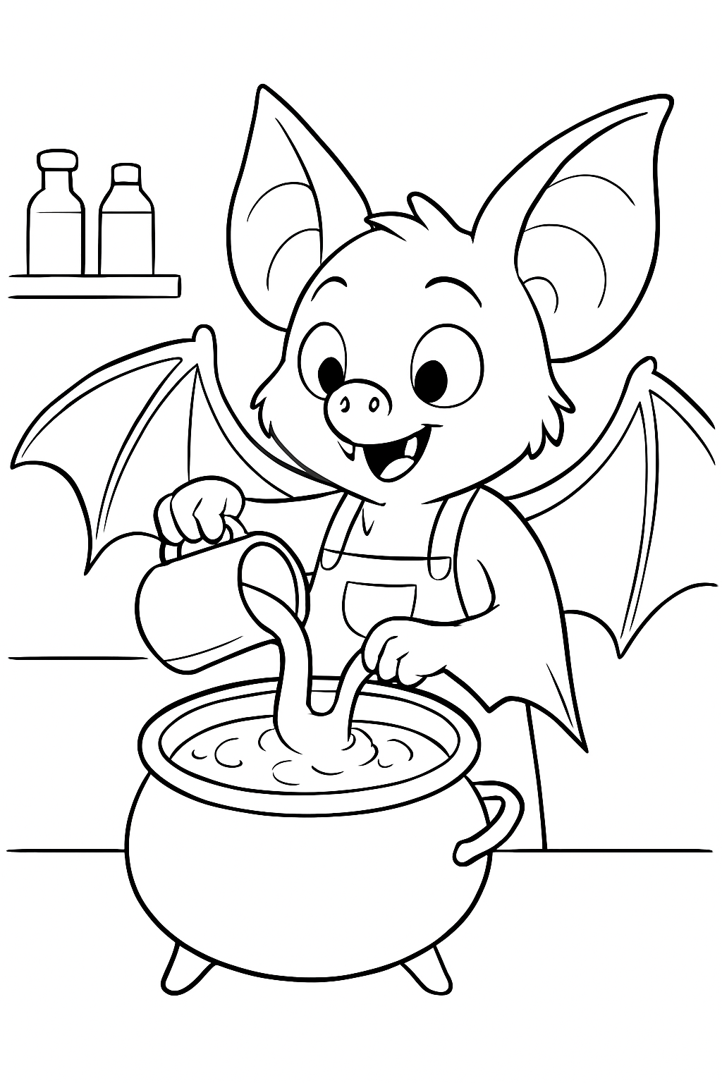 A cute bat barista serving a potion latte in this fun bat barista coloring page.