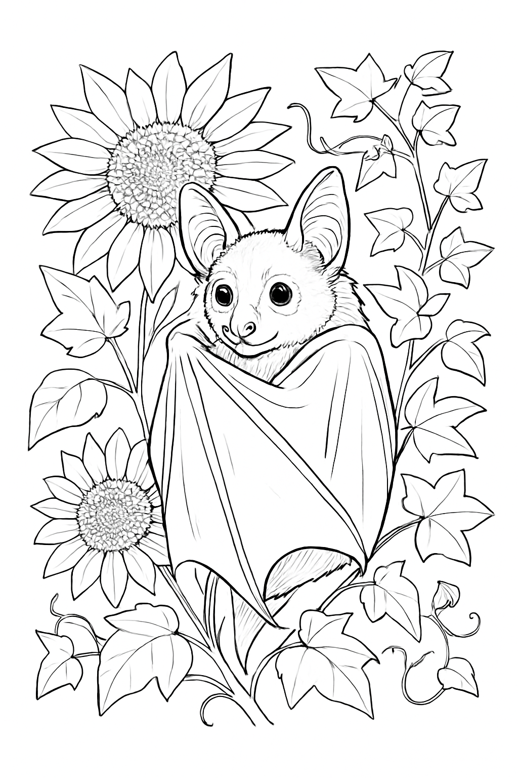 A realistic fruit bat nestled among large sunflowers in this detailed bat in flowers coloring page.
