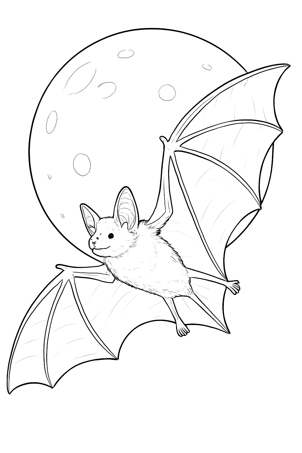 A beautiful bat flying under a full moon coloring page for all ages.