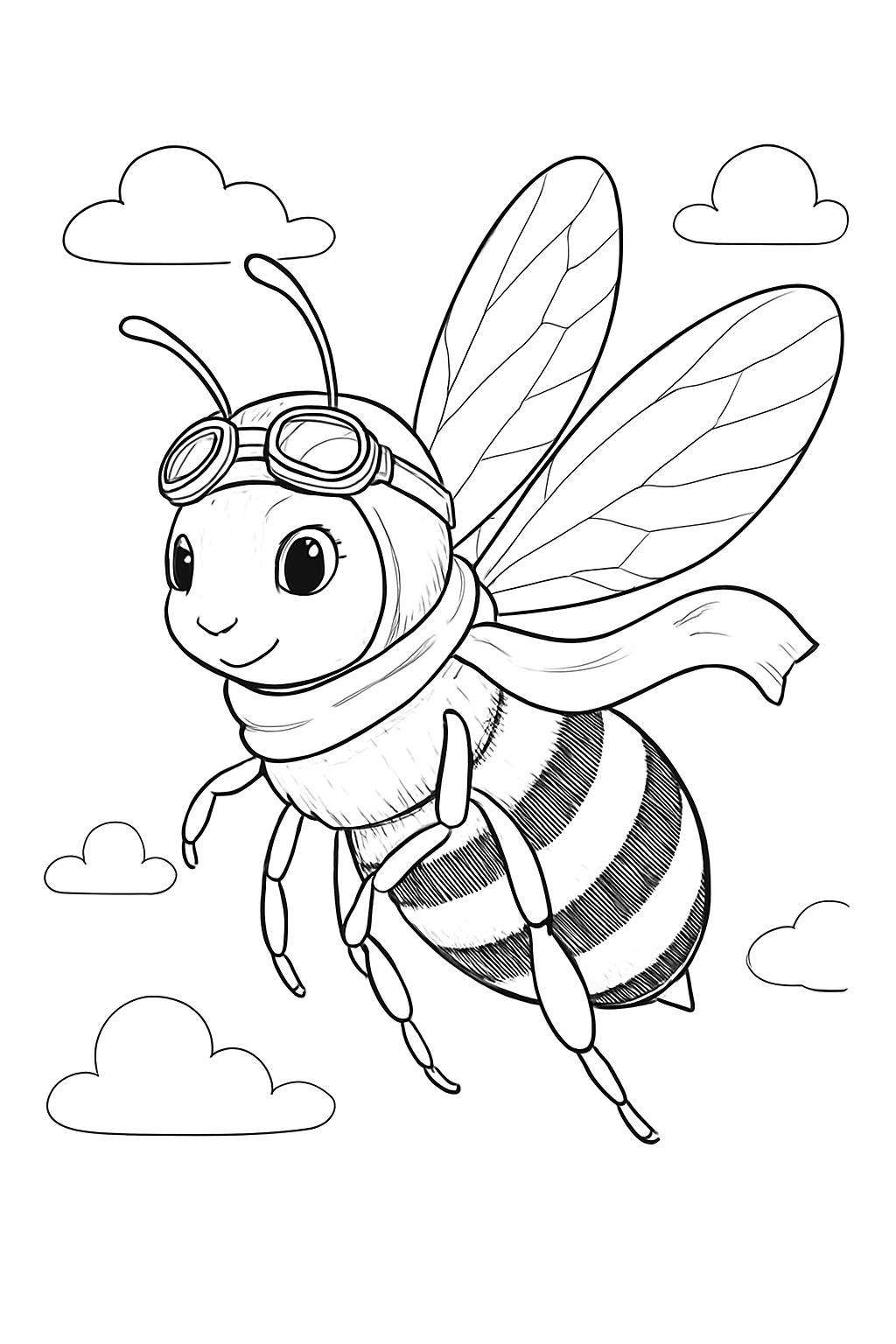 A detailed bee pilot wearing goggles in this fun bee pilot coloring page.