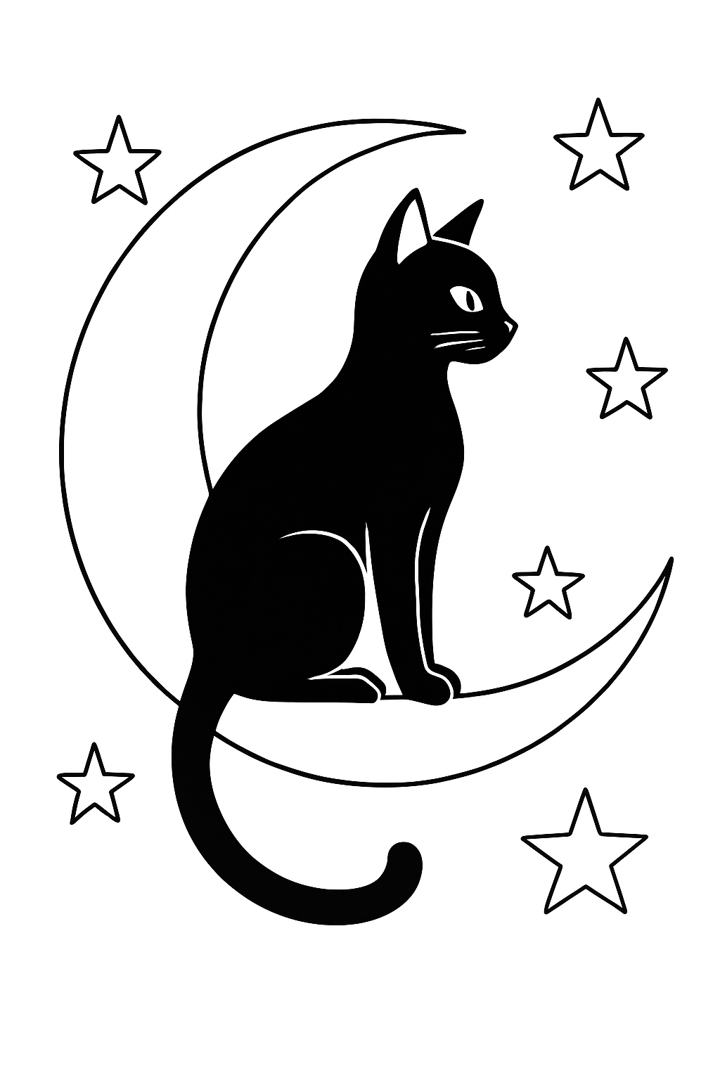 A bold and simple black cat coloring page featuring a cat sitting on a crescent moon with stars.