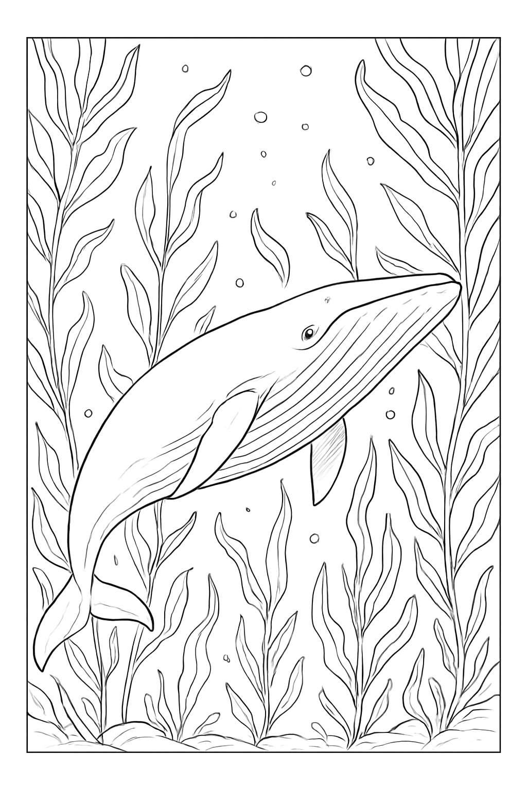 A detailed blue whale swimming near kelp for a realistic blue whale coloring page.
