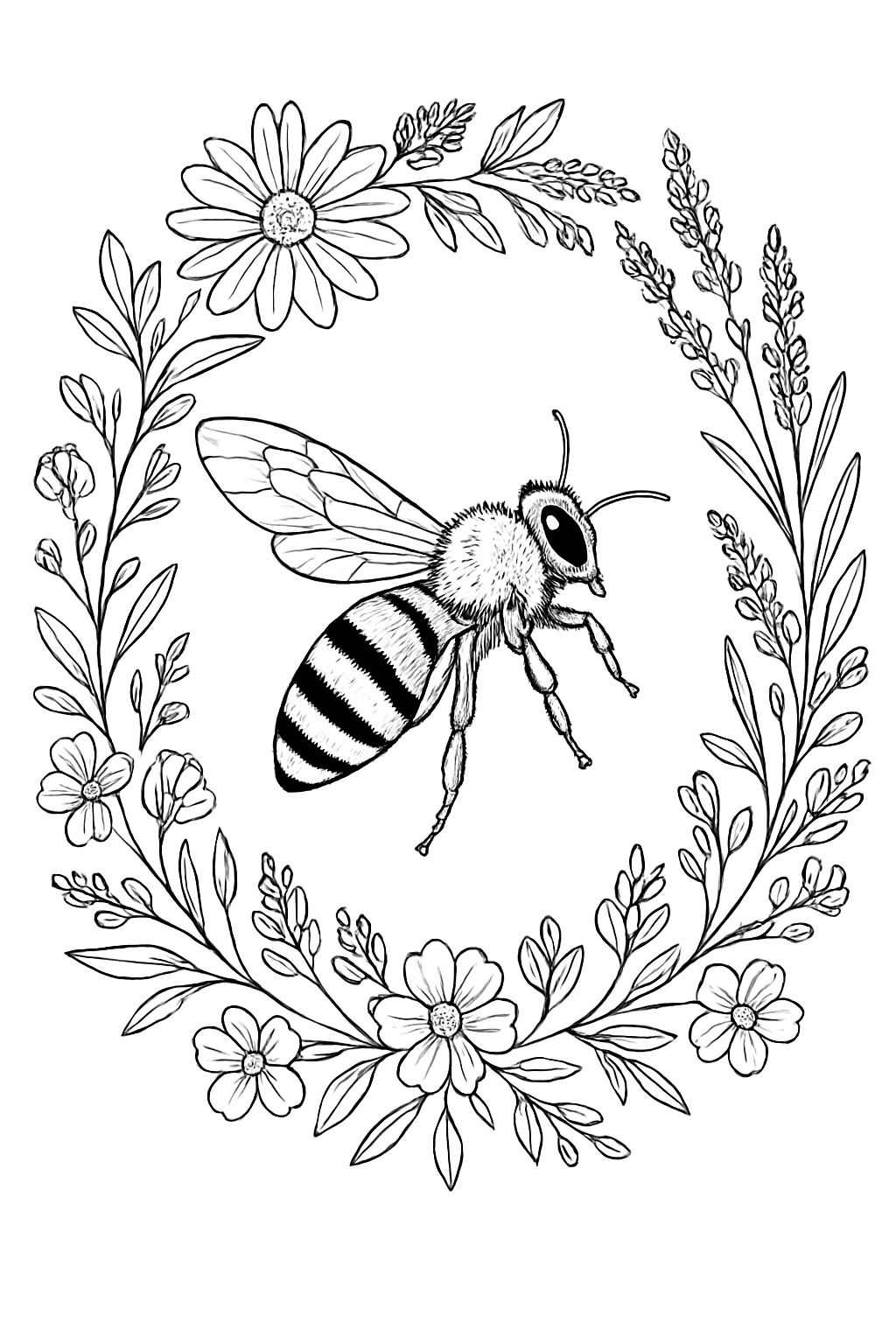 Detailed botanical bee coloring page featuring an elegant honeybee surrounded by floral wreath line art.