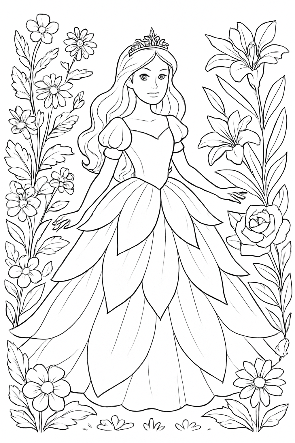 A detailed botanical garden princess coloring page featuring a dress made of flower petals in a lush garden setting.