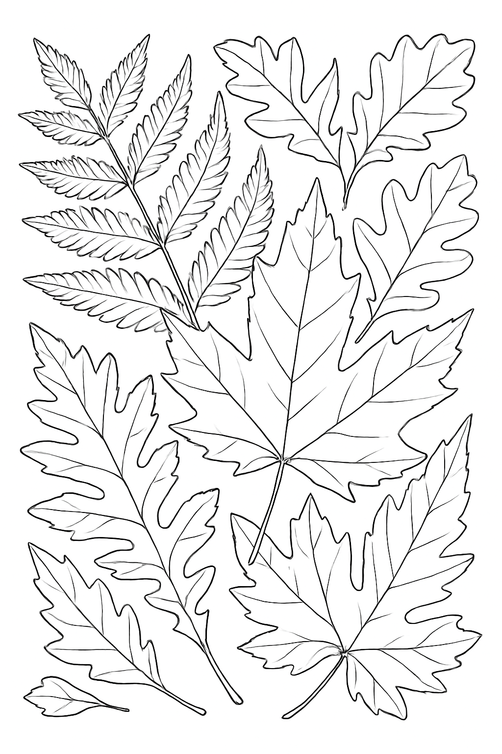 A detailed botanical leaves coloring page featuring assorted forest foliage