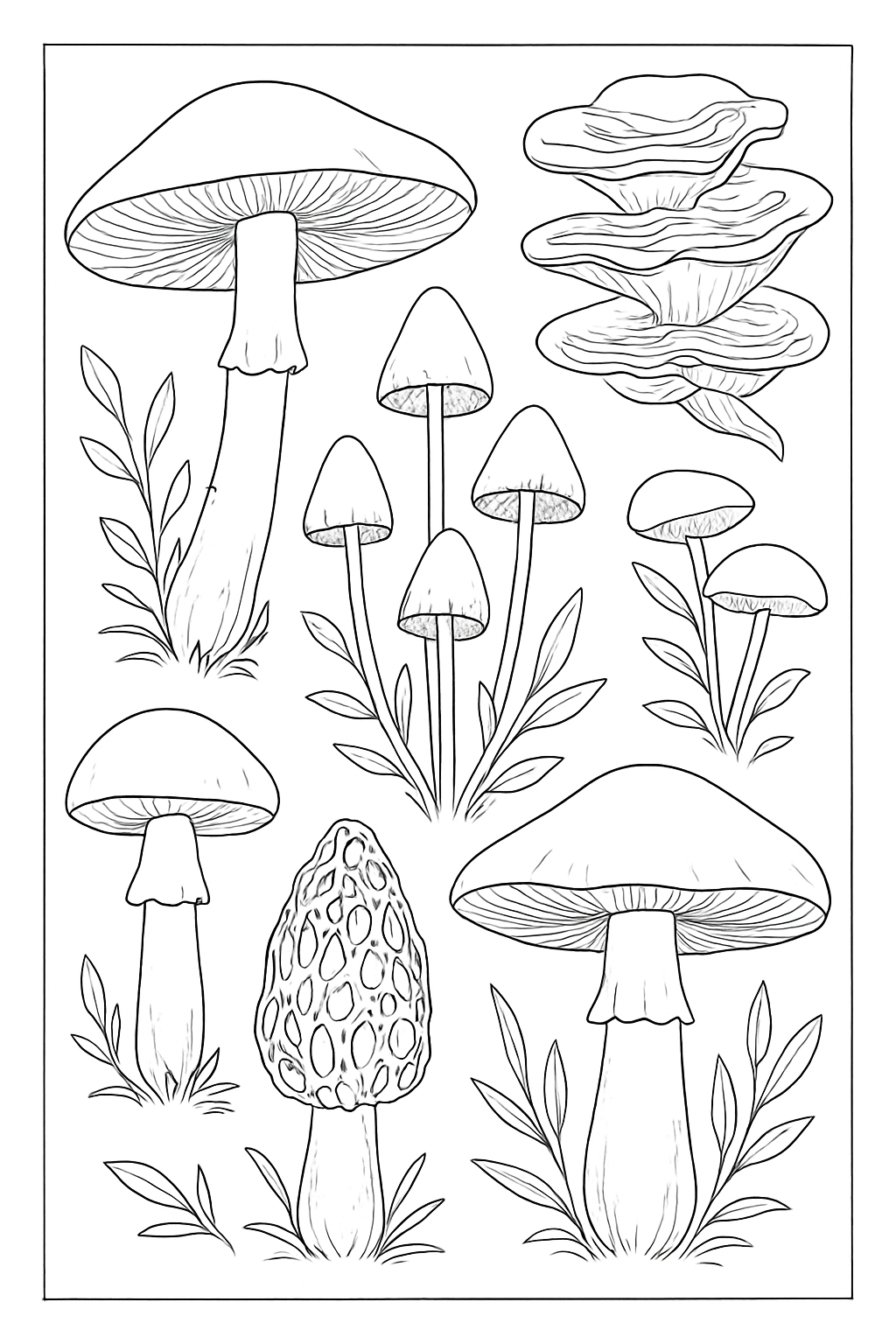 Detailed botanical mushroom coloring page featuring a collection of elegant fungi species with clean line art.