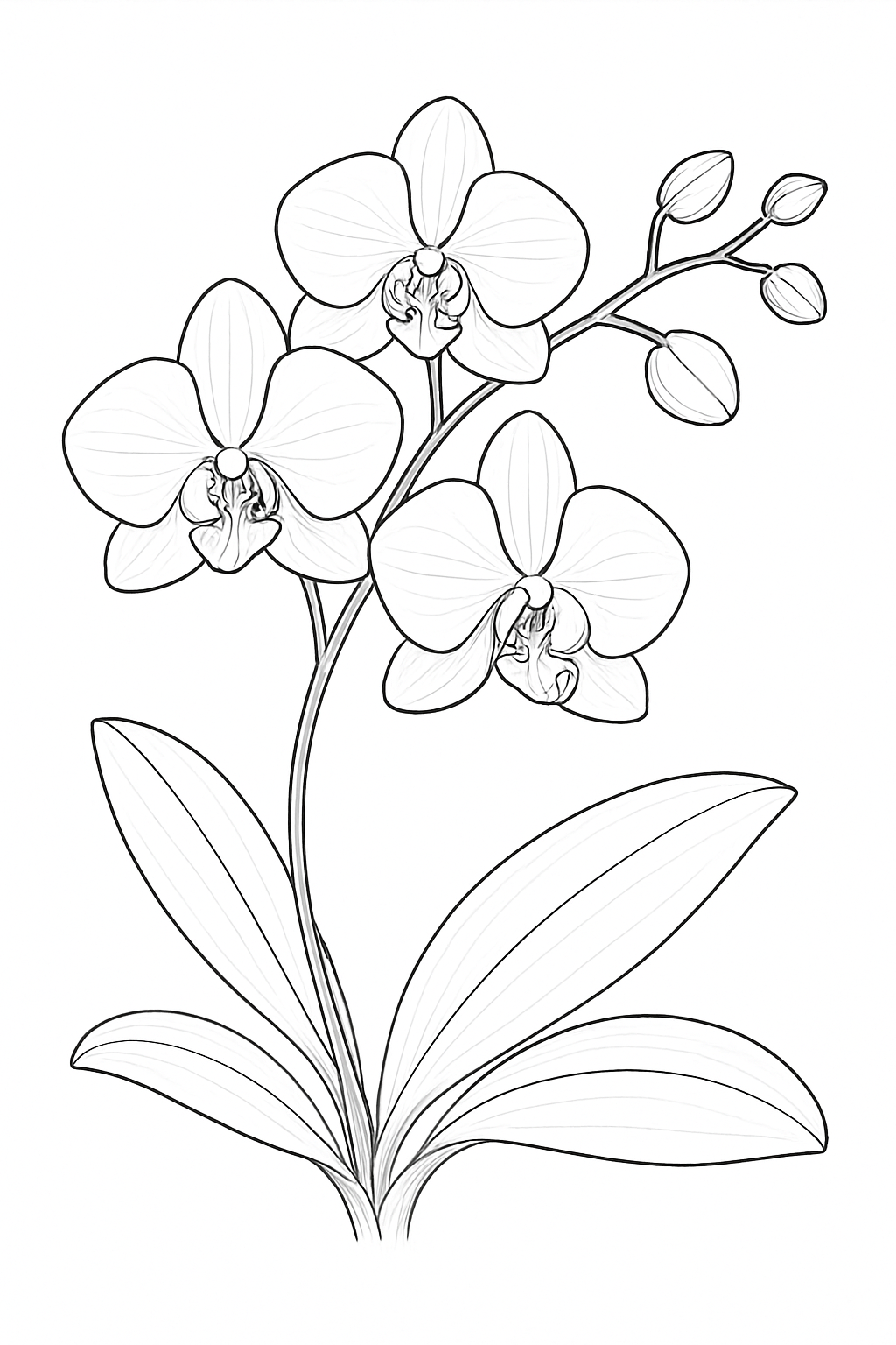 Detailed orchid flower coloring page featuring elegant petals and flowing leaves.