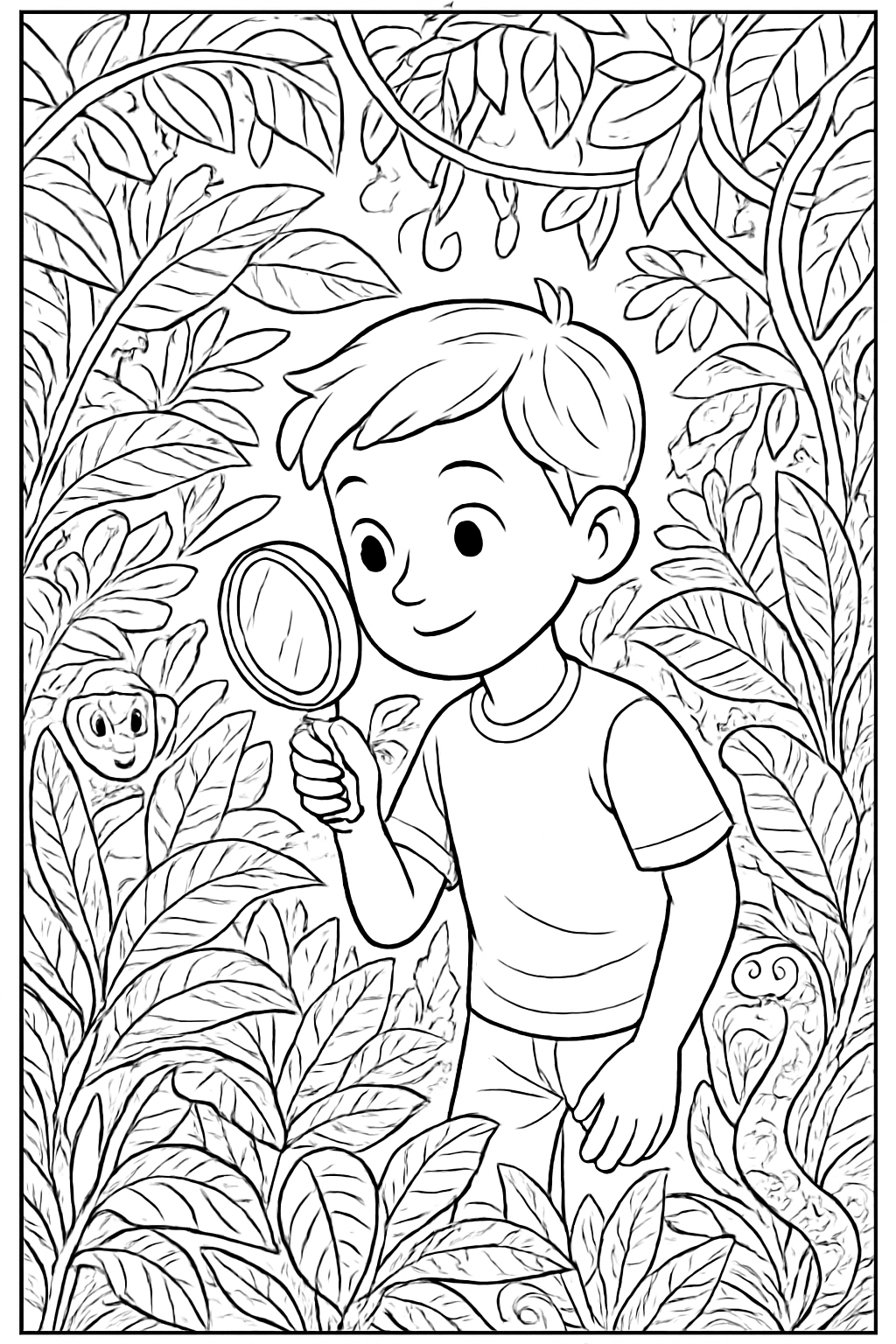 A young boy explorer with a magnifying glass in a detailed tropical jungle coloring page.