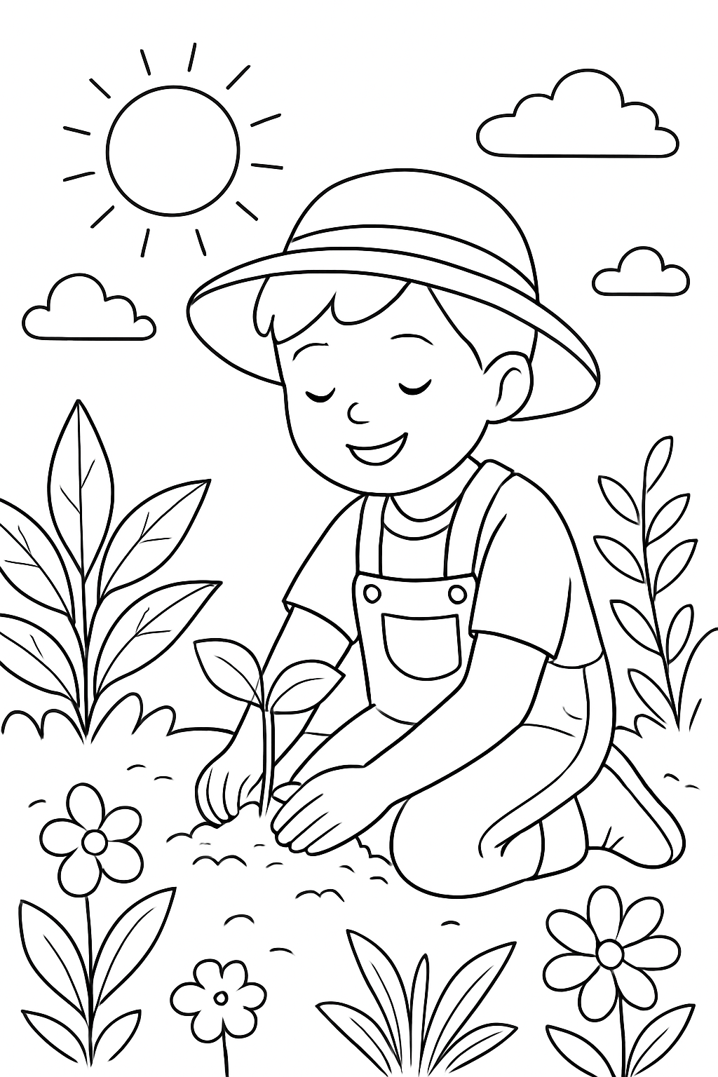 A smiling boy planting a flower in a garden scene for a boy gardening coloring page.