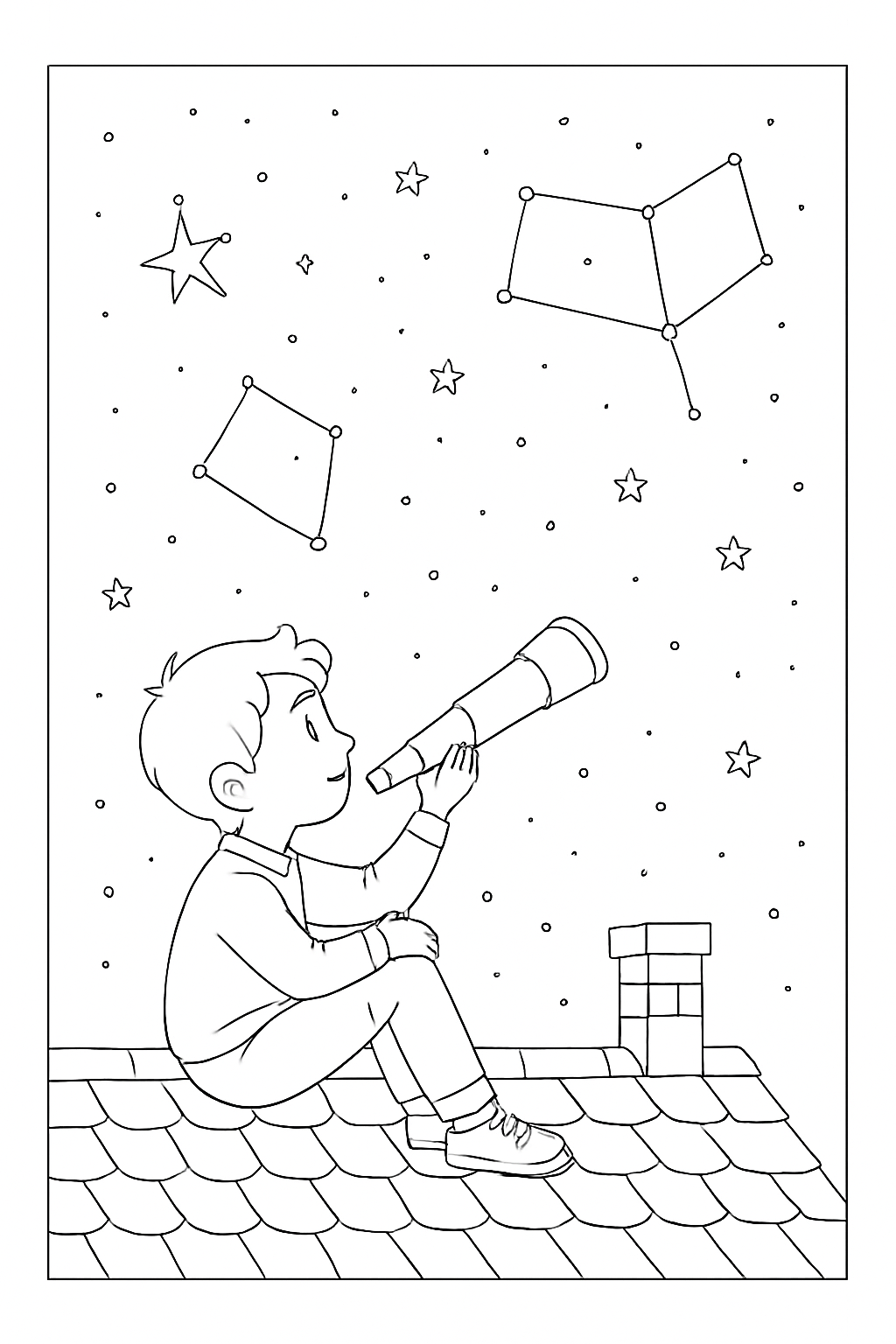 A young boy looking through a telescope at a starry night sky in this detailed boy observing stars coloring page.
