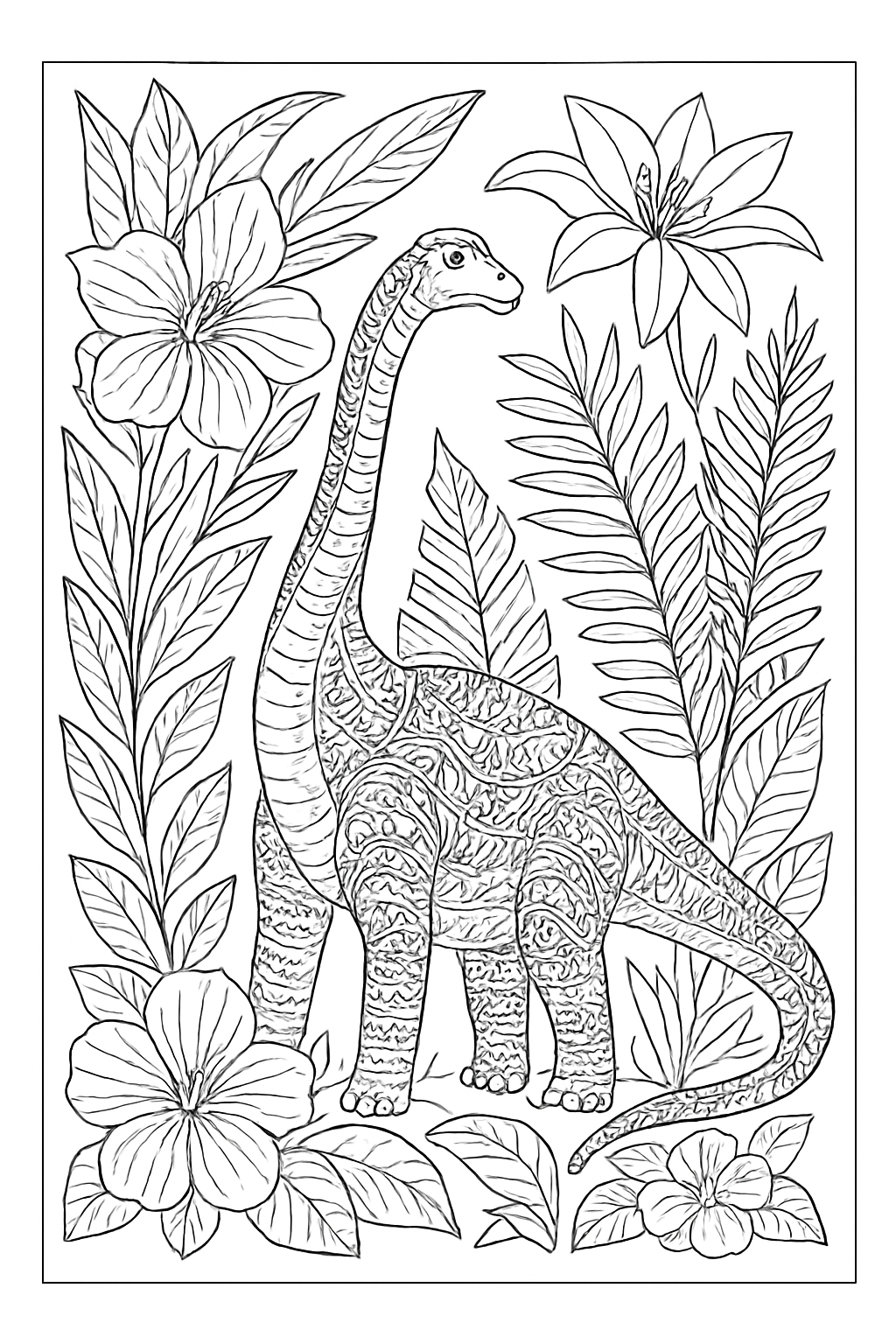 Detailed Brachiosaurus botanical garden coloring page with floral patterns and ferns.