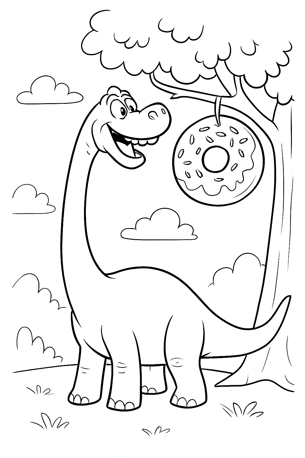 A happy Brachiosaurus reaching for a donut in this fun brachiosaurus coloring page.