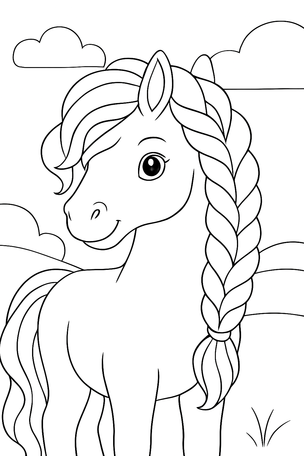 A artistic braided mane pony coloring page with bold lines and open spaces.