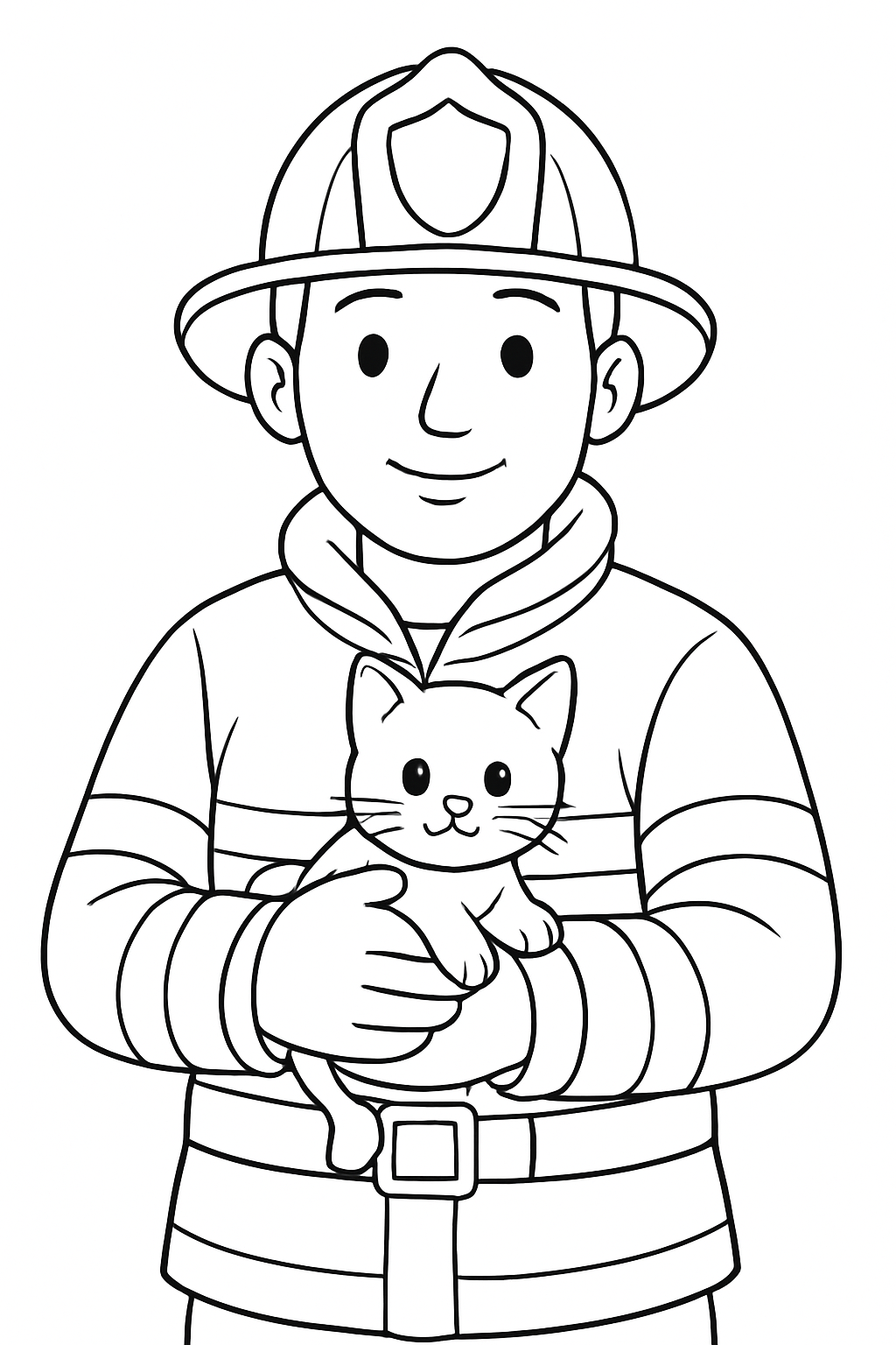 A kind firefighter cradling a small kitten in this detailed firefighter hero coloring page.