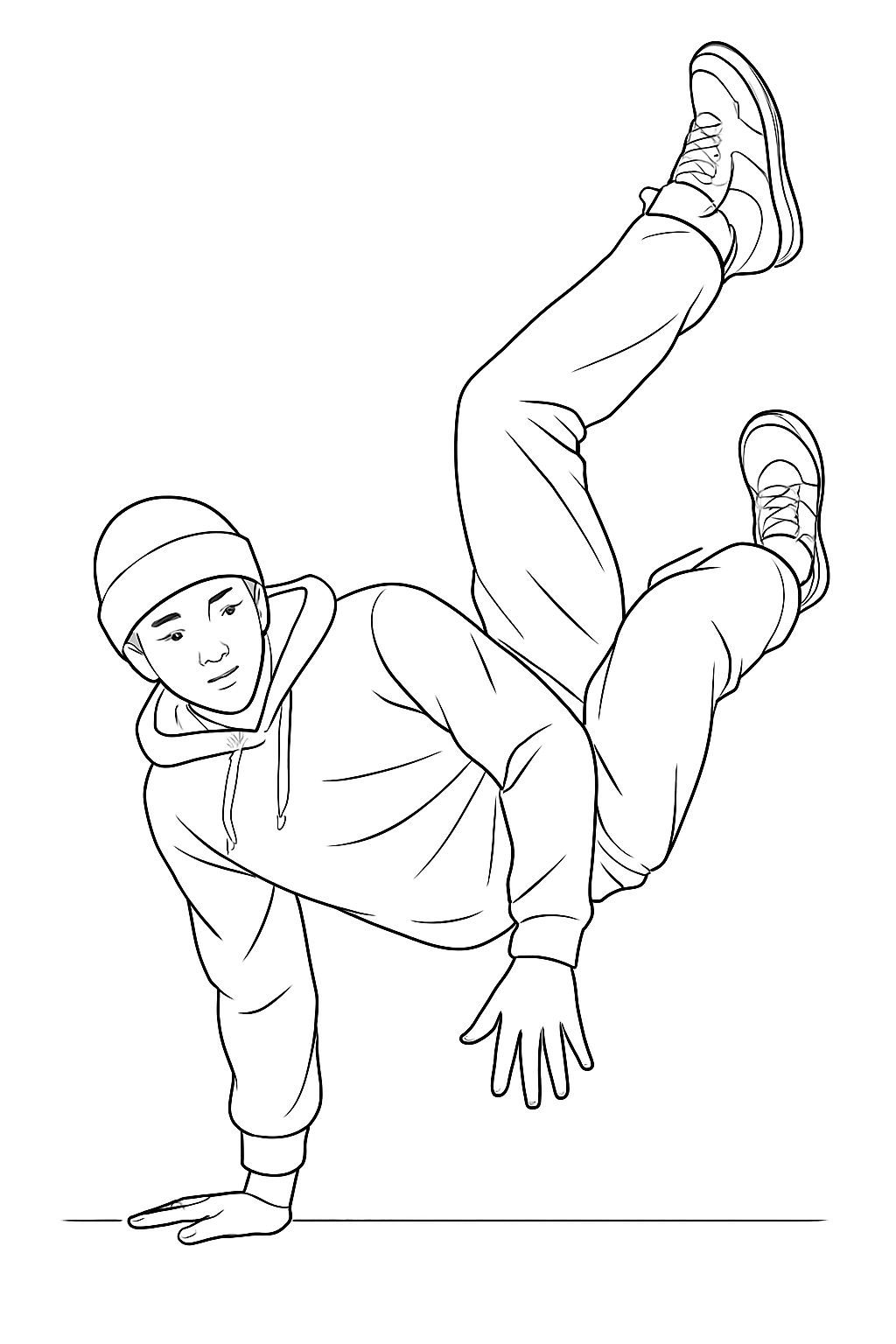 A detailed breakdancer coloring page featuring a young performer doing a stylish freeze pose on the pavement.