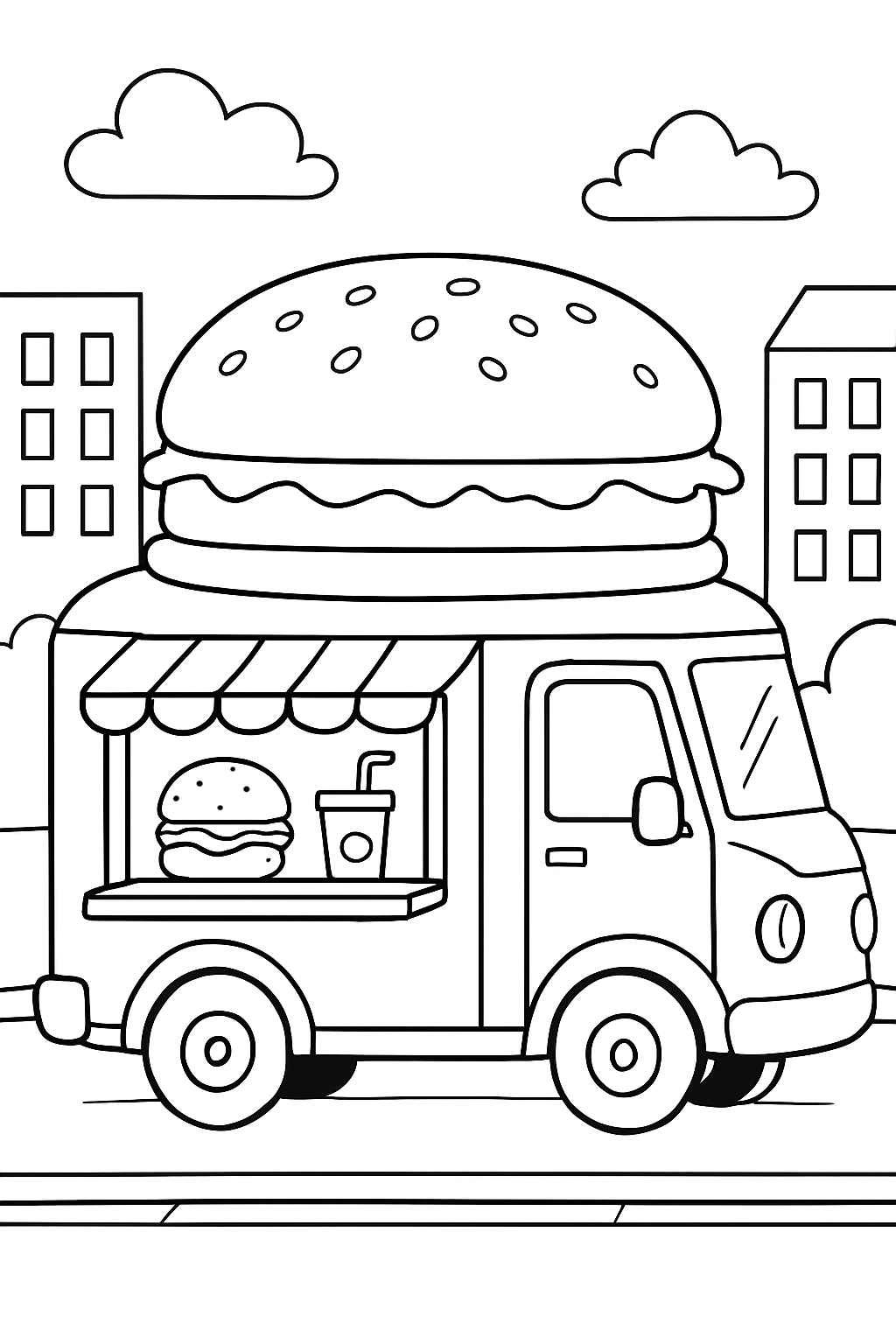 Whimsical burger truck design on a fun burger truck coloring page.
