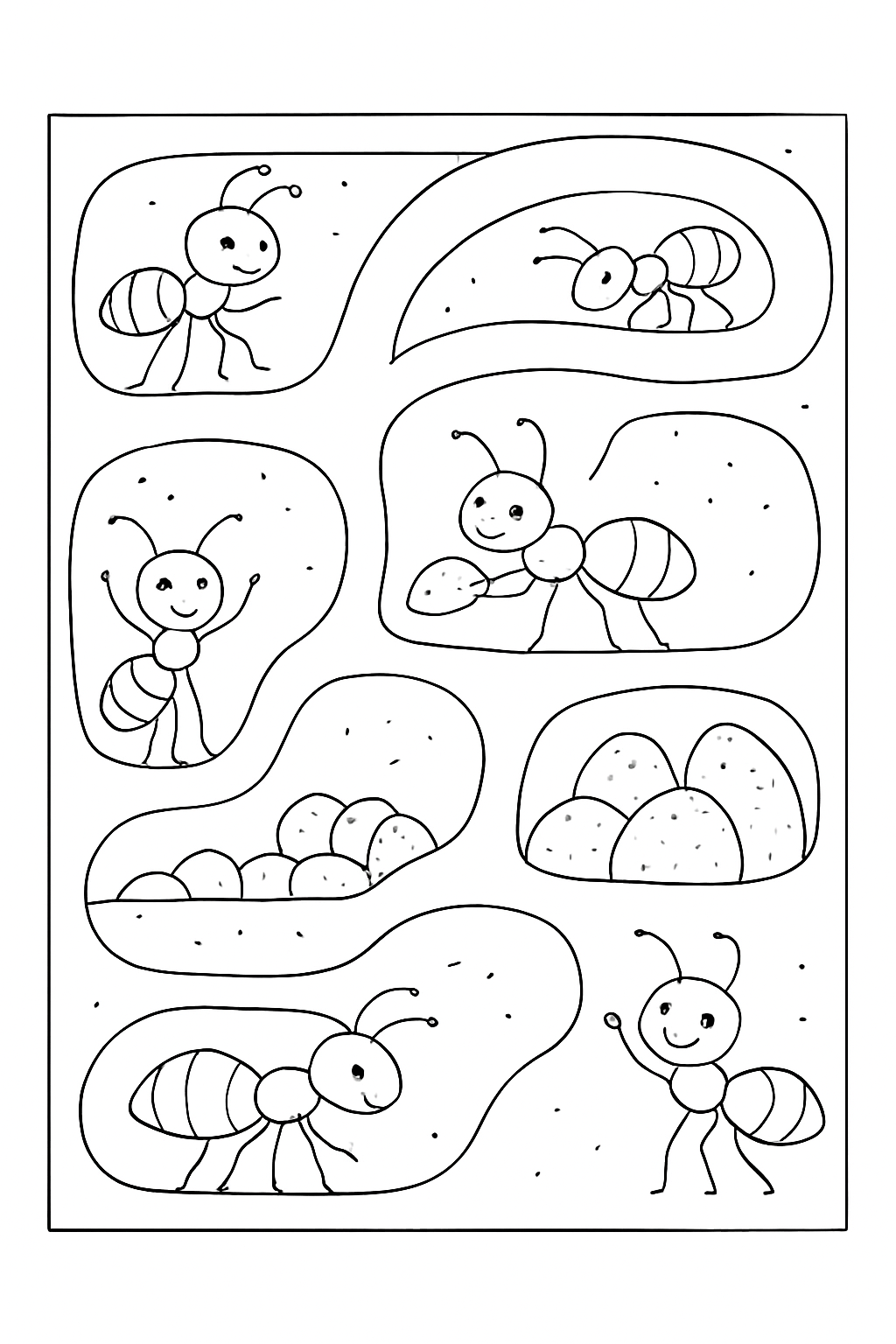 A detailed ant colony coloring page featuring tunnels and cute ants to color.
